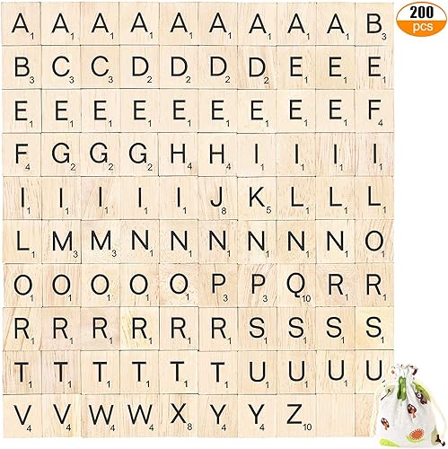 Miniatura 3 de PINOWU 200 piezas de azulejos de letras de madera para Scrabble Crossword Game de madera Scrabble letras de repuesto para manualidades, decoración