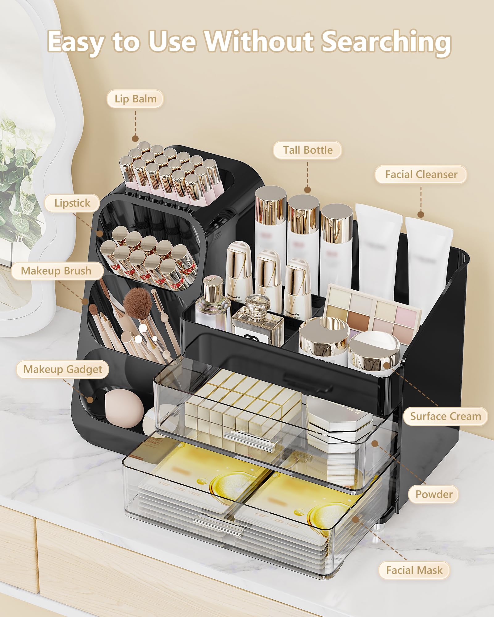 Anylady Makeup Organizer with Drawers, Skincare Organizer (Large Size Thick), Storage Box Cosmetic Display Cases, Make up Organizers for Vanity, Dresser, Desk, Kitchen, Countertop (black): Black