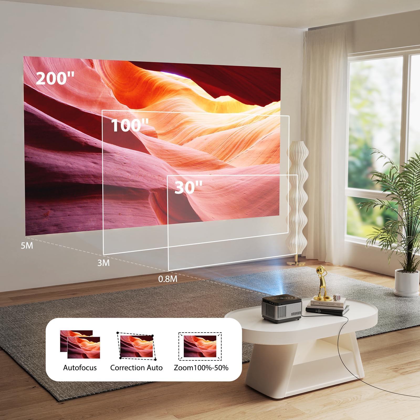 Vidéoprojecteur, Auto Focus/Keystone, 30000 Lumens 1080P FHD WiFi BT Video Projecteur 4K Supporté, Zoom 50%, Miracast pour Téléphone/PC, Projecteur Portable pour Réunion, Fêtes et Loisirs à Domicile
