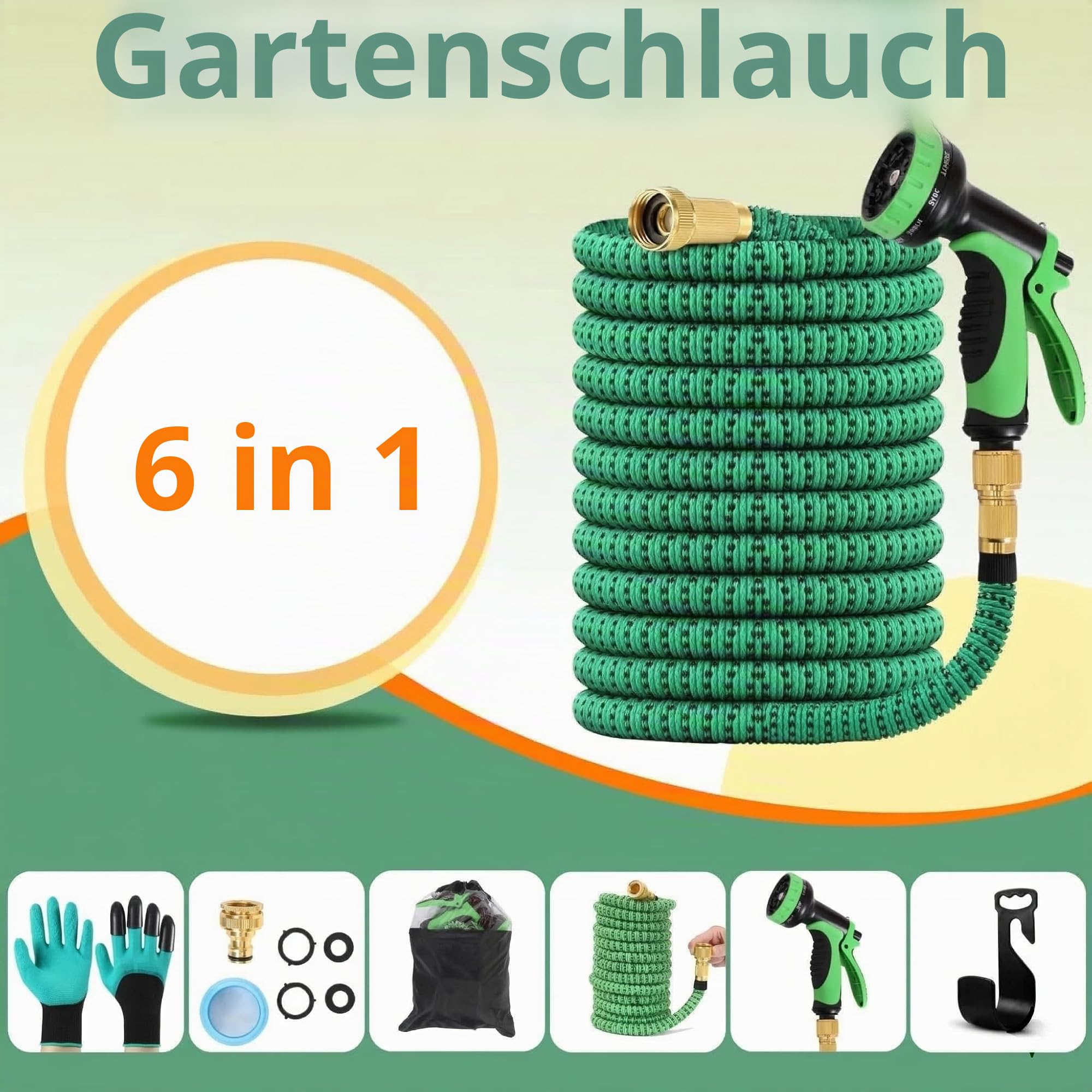 Flexibler Gartenschlauch 45m, 10 Funktionen, selbsteinziehend | Hochdicht gewebtes TPE, dichter Metallanschluss und 6-in-1 Zubehörset mit Handschuhen für Garten und Terrasse