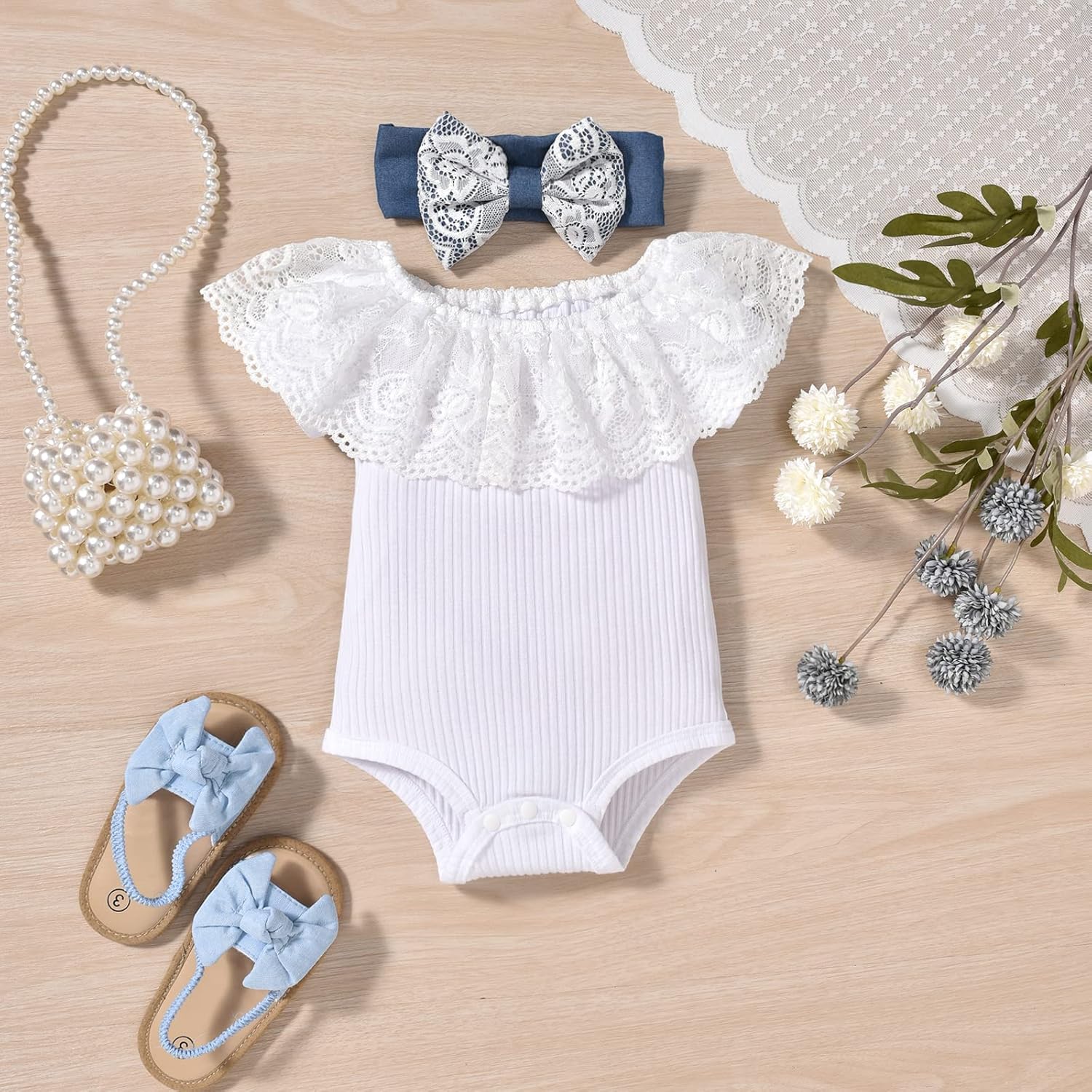 HINTINA Newborn Baby Girl Short Sleeve Bodysuit Flared Pants Ribbed Outfits - Image 4