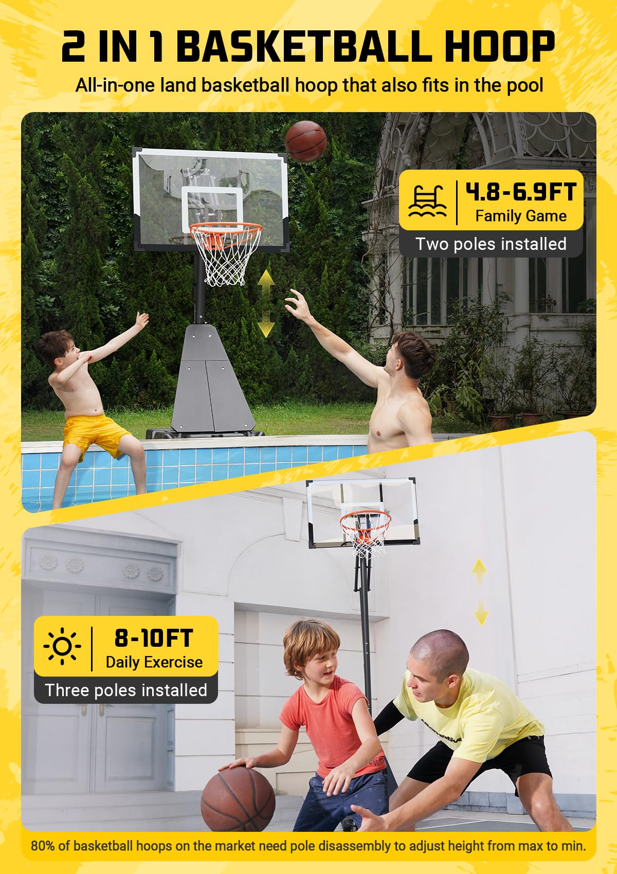 Portable Basketball Hoop System with 44 Inch Shatterproof Backboard, 4.8FT-10FT Adjustable Height Basketball Goal Outdoor for Youth/Teens/Adults Indoor Outdoor