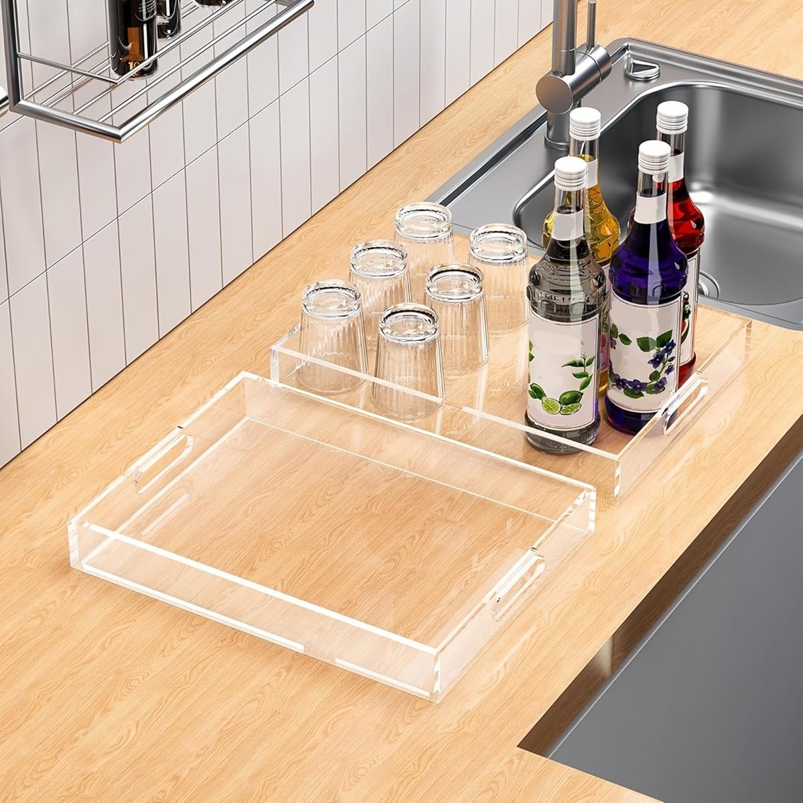 Bandeja Acrílica 2 Piezas con Asas Decorativas | Bandeja rectangular portátil para snacks y alimentos para Snacks, Cafetería, Comedor, Postres, Mesas de Centro y
