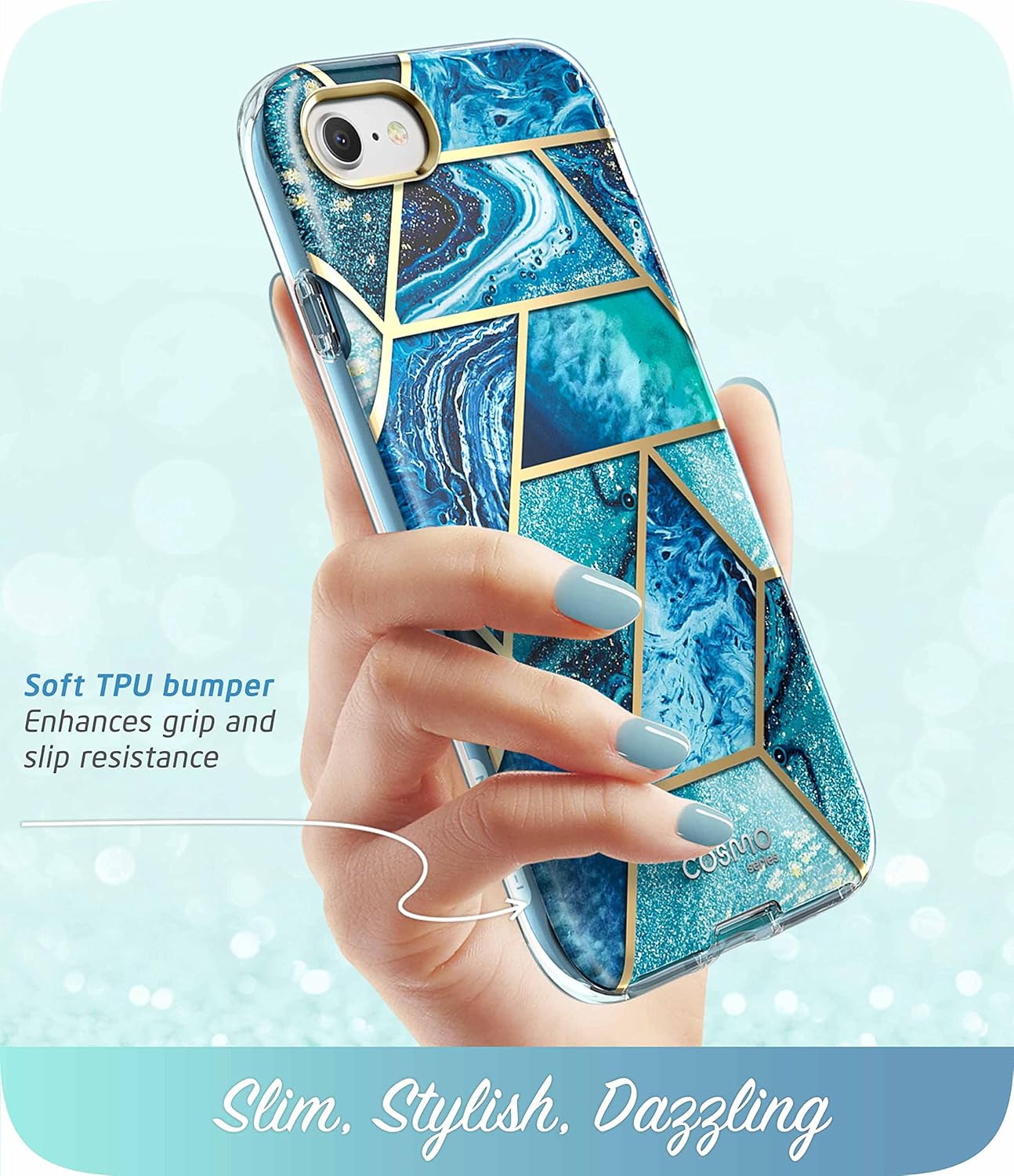 i-Blason Cosmo Series iPhone SE 2020/7/8 Case, Stylish Blue Bumper with Built-in Screen Protector (Blue)
