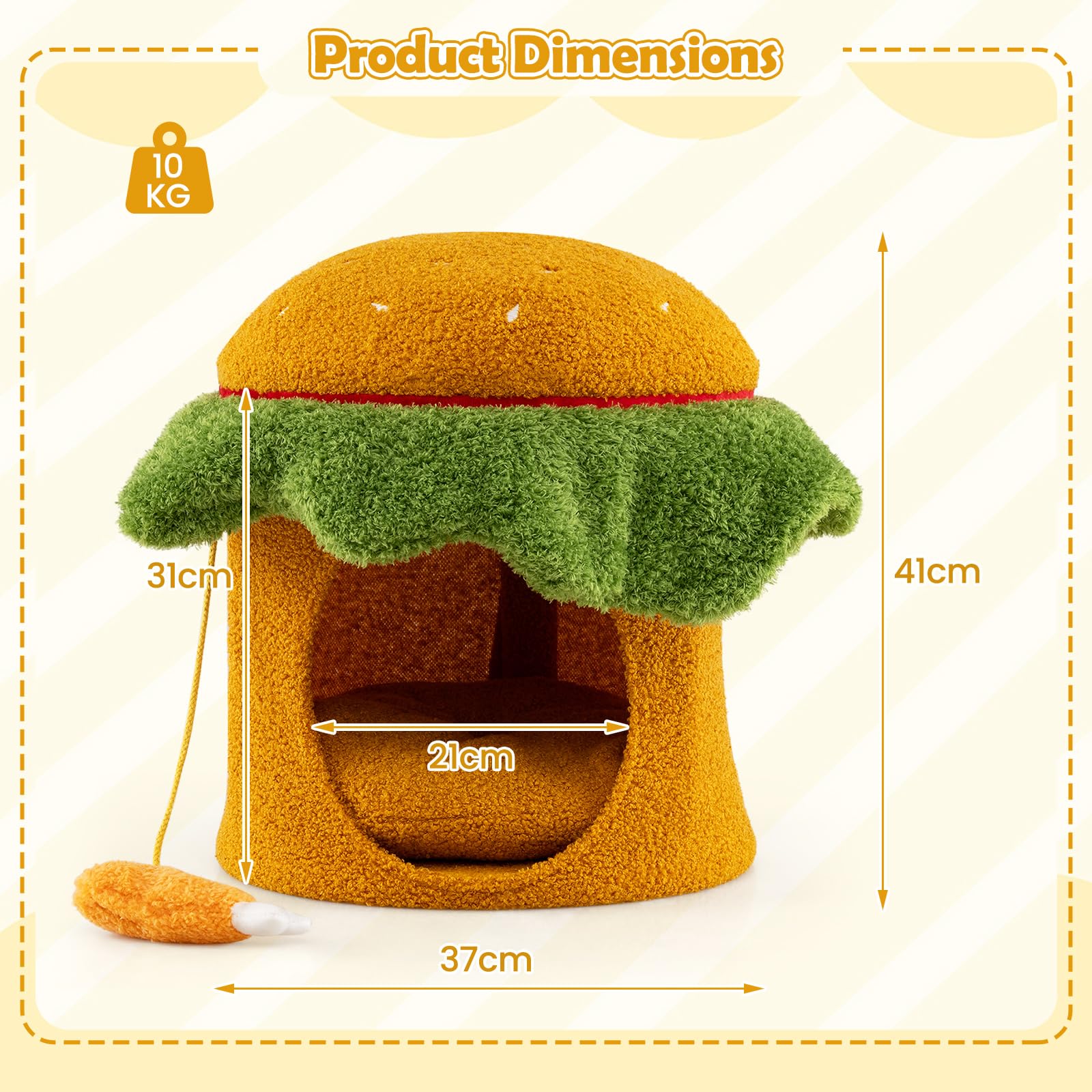 COSTWAY Cama para Gatos para Interior, Casa para Gatos en Forma de Hamburguesa con Percha Acolchada, Juguete Colgante de Peluche, Cojín Desmontable y Lavable, 37x37x41 cm, Cueva para Gato