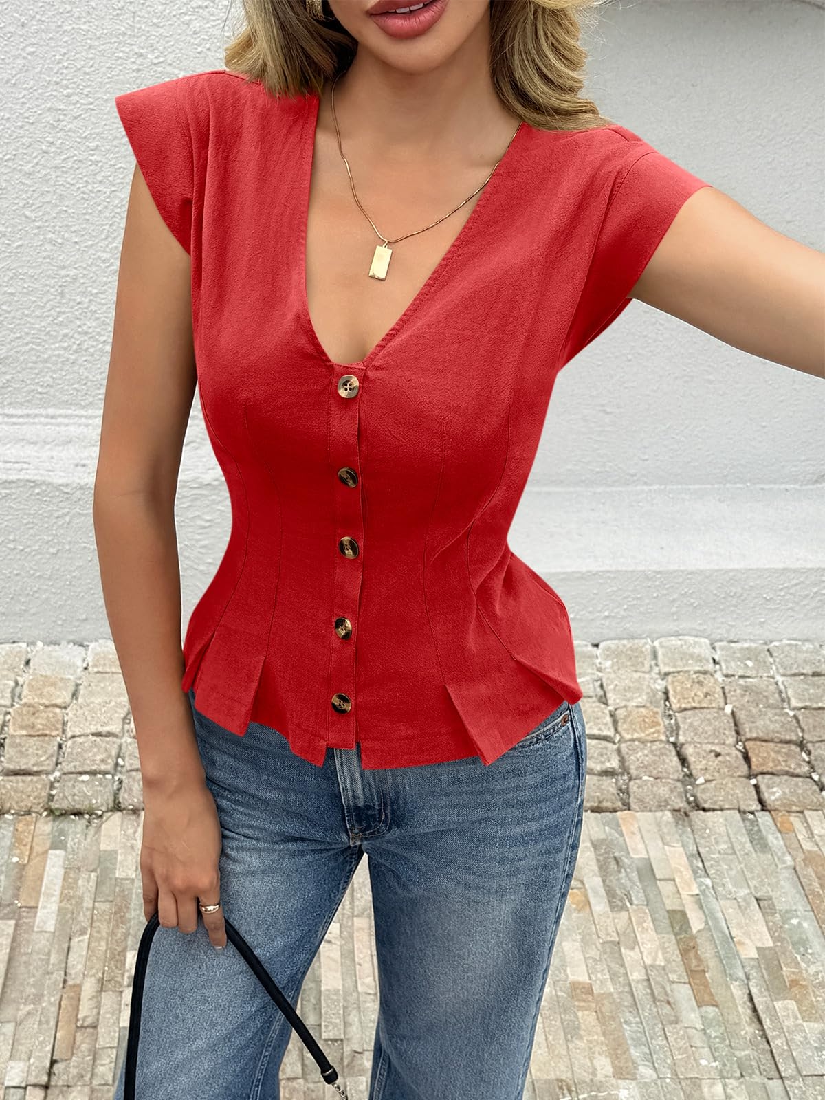 Cicy Bell Damen-Oberteil, tiefer V-Ausschnitt, Flügelärmel, bauchfrei, Rüschenhemd, Knopfleiste, Baumwolle, taillierte Bluse