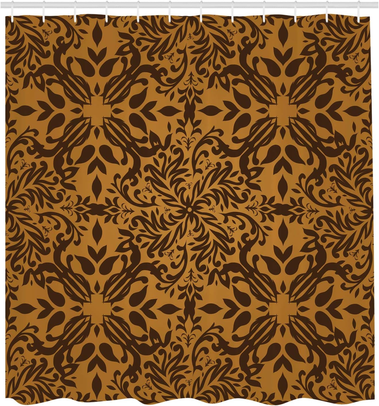 Ambesonne Oriental Shower Curtain, Mandala Inspired Curly Flowers and Leaves Details Frame Illustration, Cloth Fabric Bathroom Decor Set with Hooks, 70" Long, Dark Mustard