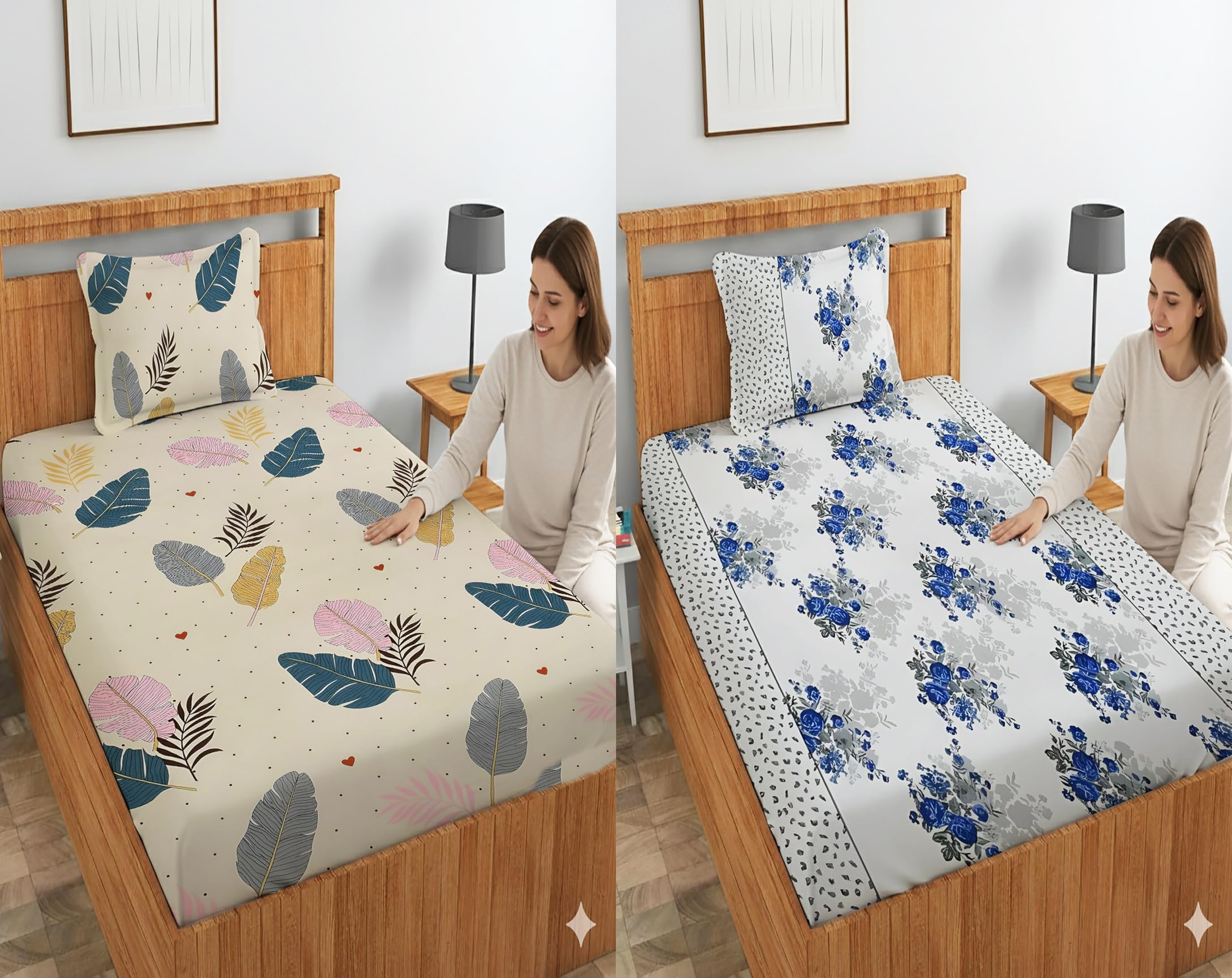 IVAZA Cotton Feel Glace Cotton Combo Pack of 2 Single Bedsheet with 2 Pillow Covers | 160 TC Soft Brushed Cotton-Blend - Long Lasting & Wrinkle Free - | 60x90 Inch or 4x6 feet Cream and White-image-42