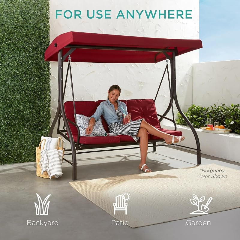 Best Choice Products 3-Seat Outdoor Large Converting Canopy Swing Glider, Patio Hammock Lounge Chair for Porch, Backyard w/Flatbed, Adjustable Shade, Removable Cushions - Midnight Green image 6