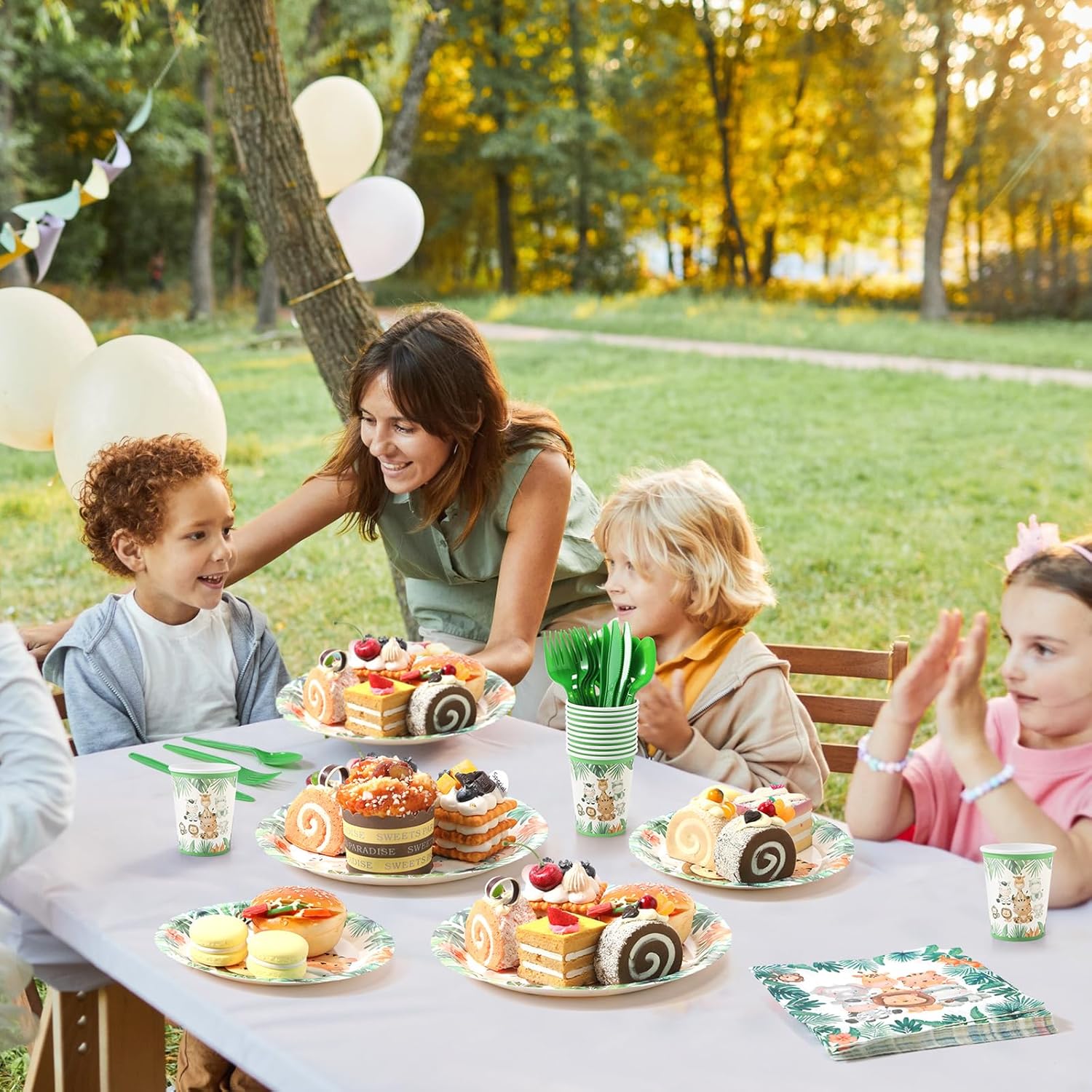 Ziliny 280 Pcs Jungle Safari Animal Paper Plates and Napkins Paper Cups Plastic Knives Forks Spoons Disposable Tableware Set for Baby Shower Safari Theme Birthday Party Supplies, Serve 40