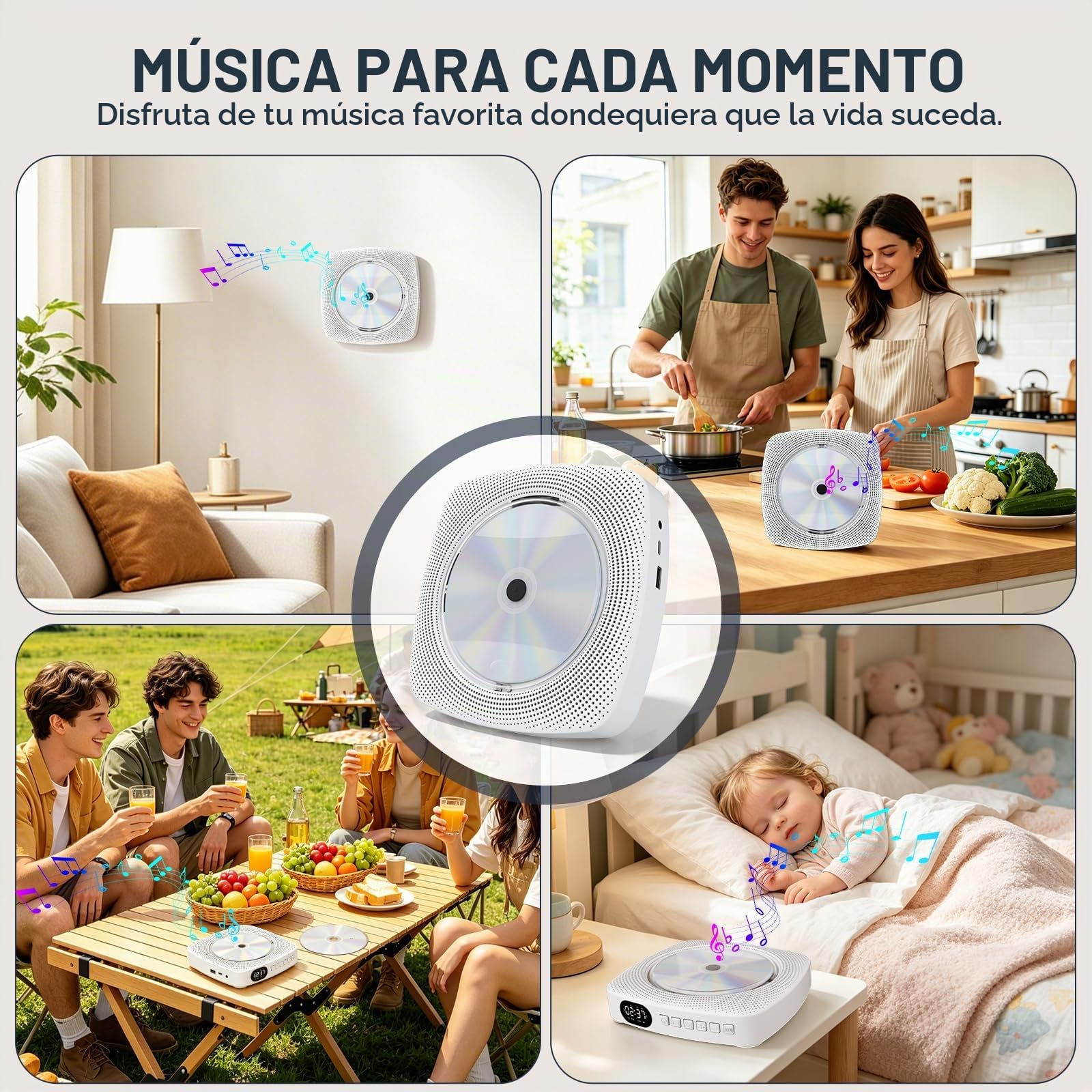 WOLFANG Reproductor de CD portátil Bluetooth para casa y Exterior, con Altavoces, batería Recargable 4000 mAh, Radio FM, USB, Mando a Distancia, Montaje en Pared y Soporte de Mesa