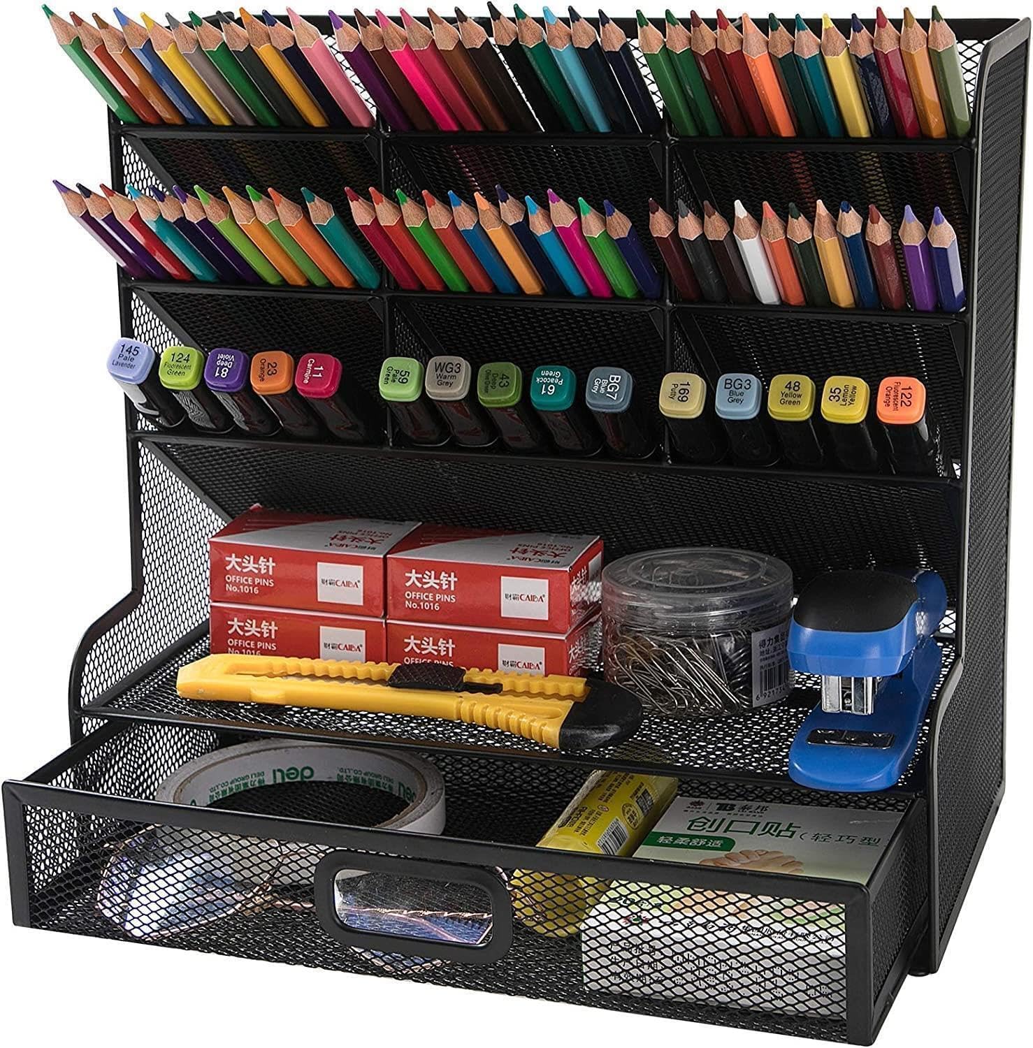 Vivaas Black Desk Organiser Mesh Desk Tidy Pen & Pencil Holder Mesh Desk Tidy Organiser Holder With Drawer Multifunctional Stationary Organiser For School Home Office Art Supplies