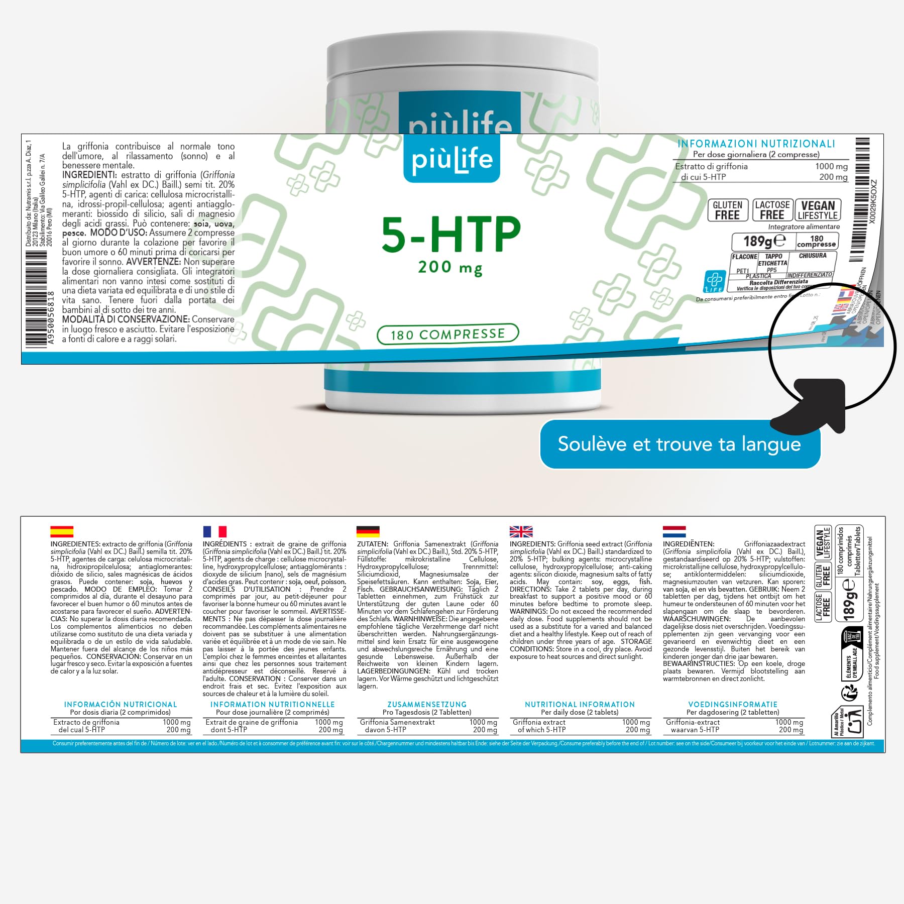 5-HTP 200 mg Extrait de Griffonia Titrée 20% PiùLife 360 Comprimés | 1000 mg issus de Griffonia simplicifolia, 2 par jour, Précurseurs de la serotonine et melatonine, Sans Gluten, Sans Lactose