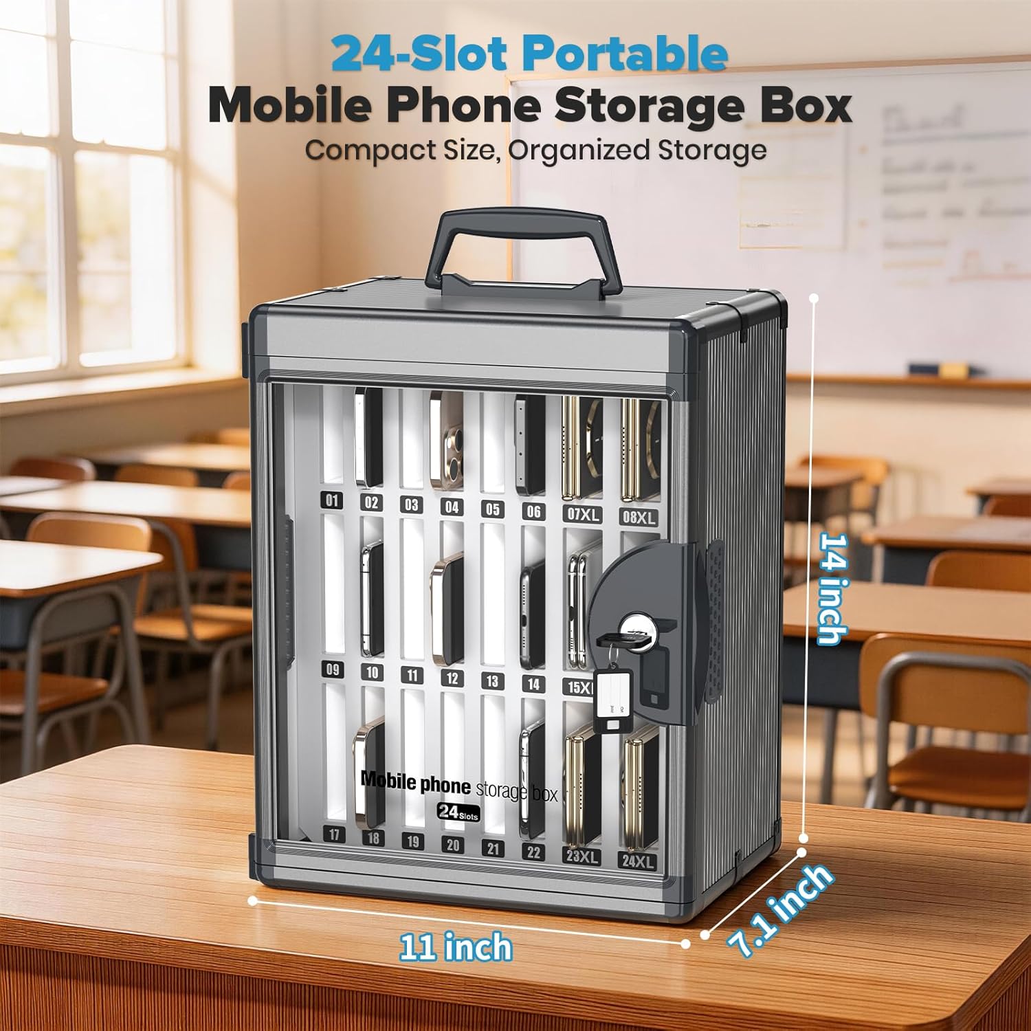 24 Slots Cell Phone Locker for Classroom, Portable Phone Holder Box, Wall Mount Phone Lock Box with Key, Pocket Chart Storage(Black-Universal Keys)