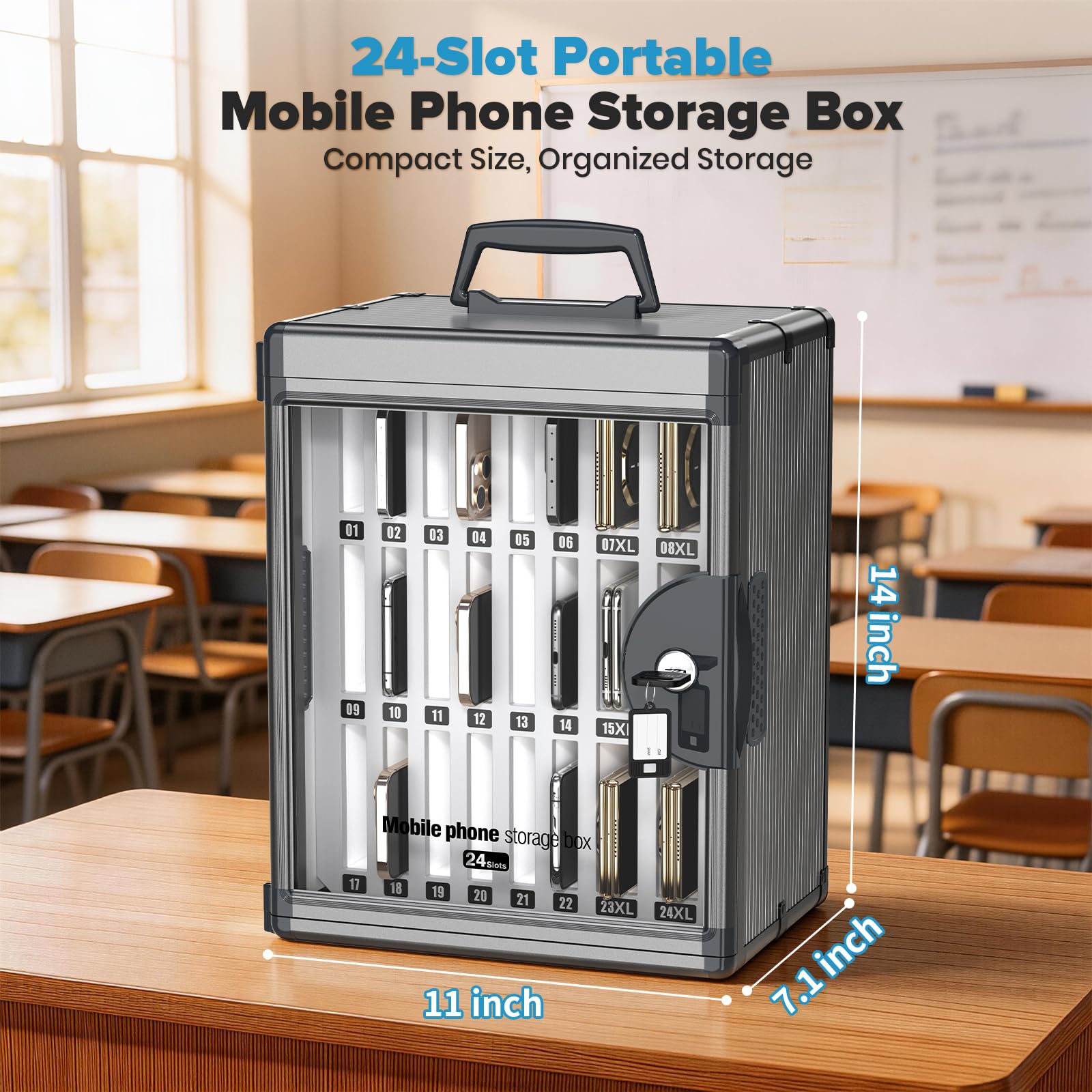 Casier de téléphone portable à 24 emplacements pour salle de classe, boîte de support de téléphone portable, boîte de verrouillage de téléphone mural avec clé, rangement de tableau de poche