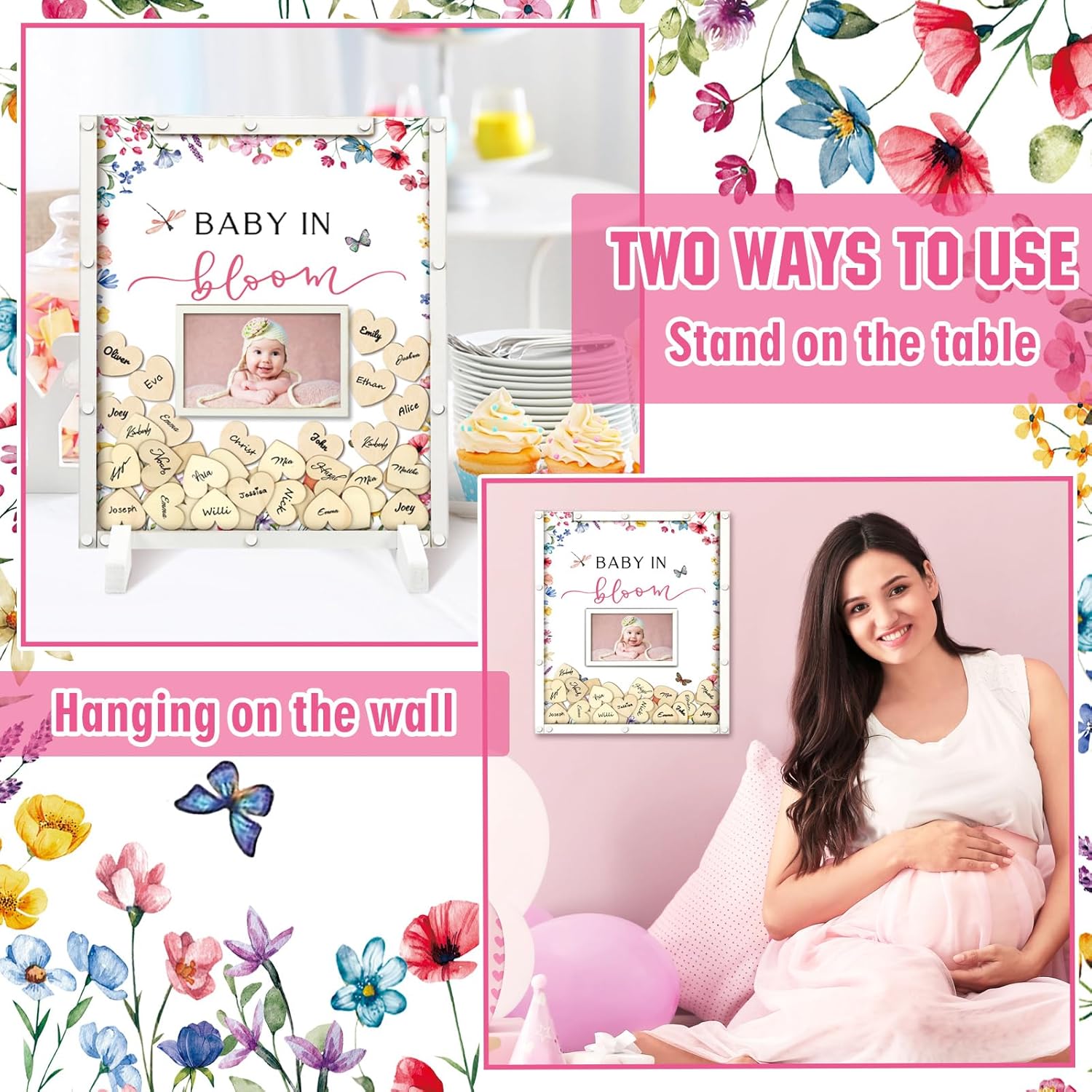 65 Pcs Wildflower Baby Shower Guest Book Alternatives Baby in Bloom Shower Decorations Sign in Guest Book with Picture Frame and 60 Wooden Chip