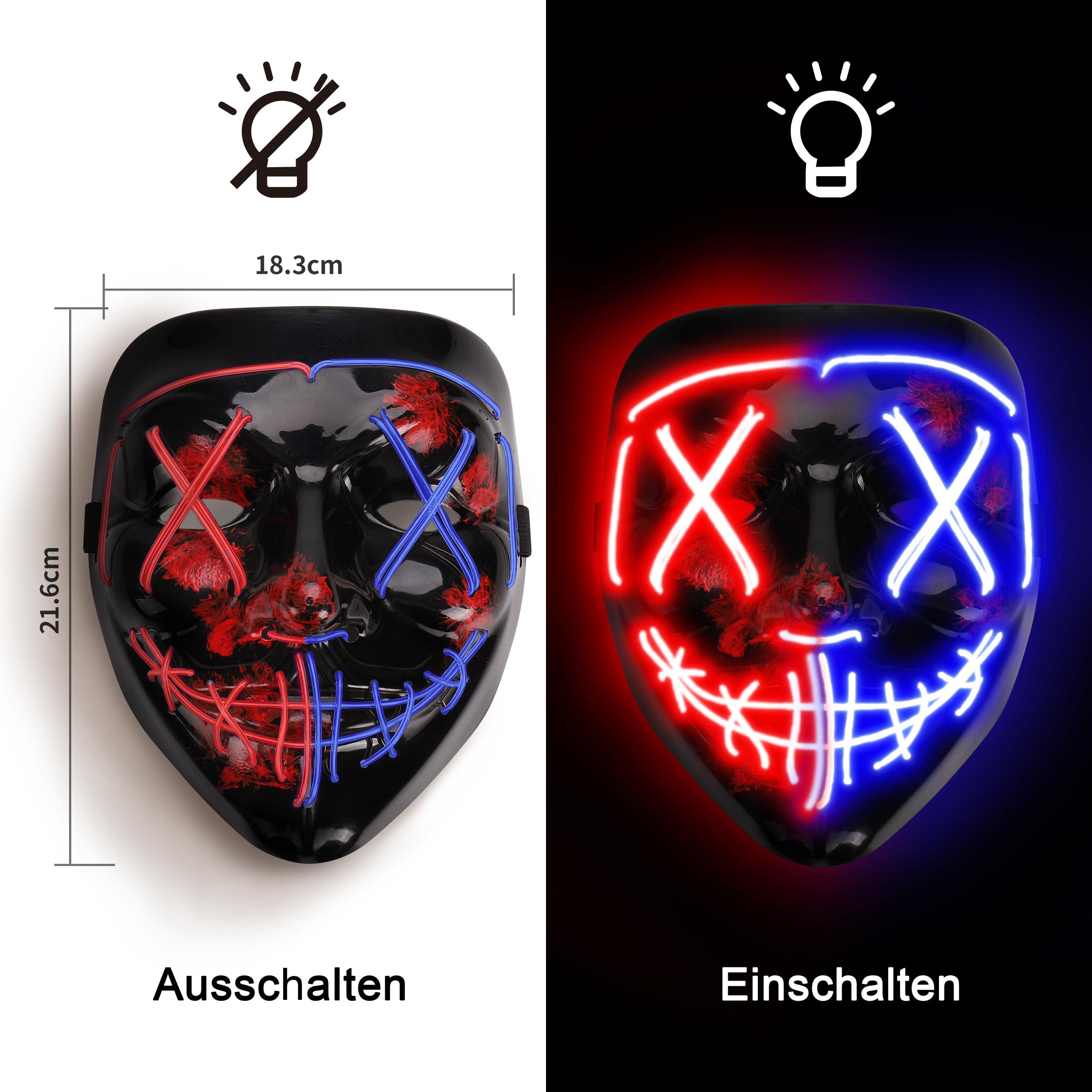 AnanBros - Maschera per Halloween, con luci a LED, maschera, per Halloween, 3 modalità di illuminazione, per cosplay e feste