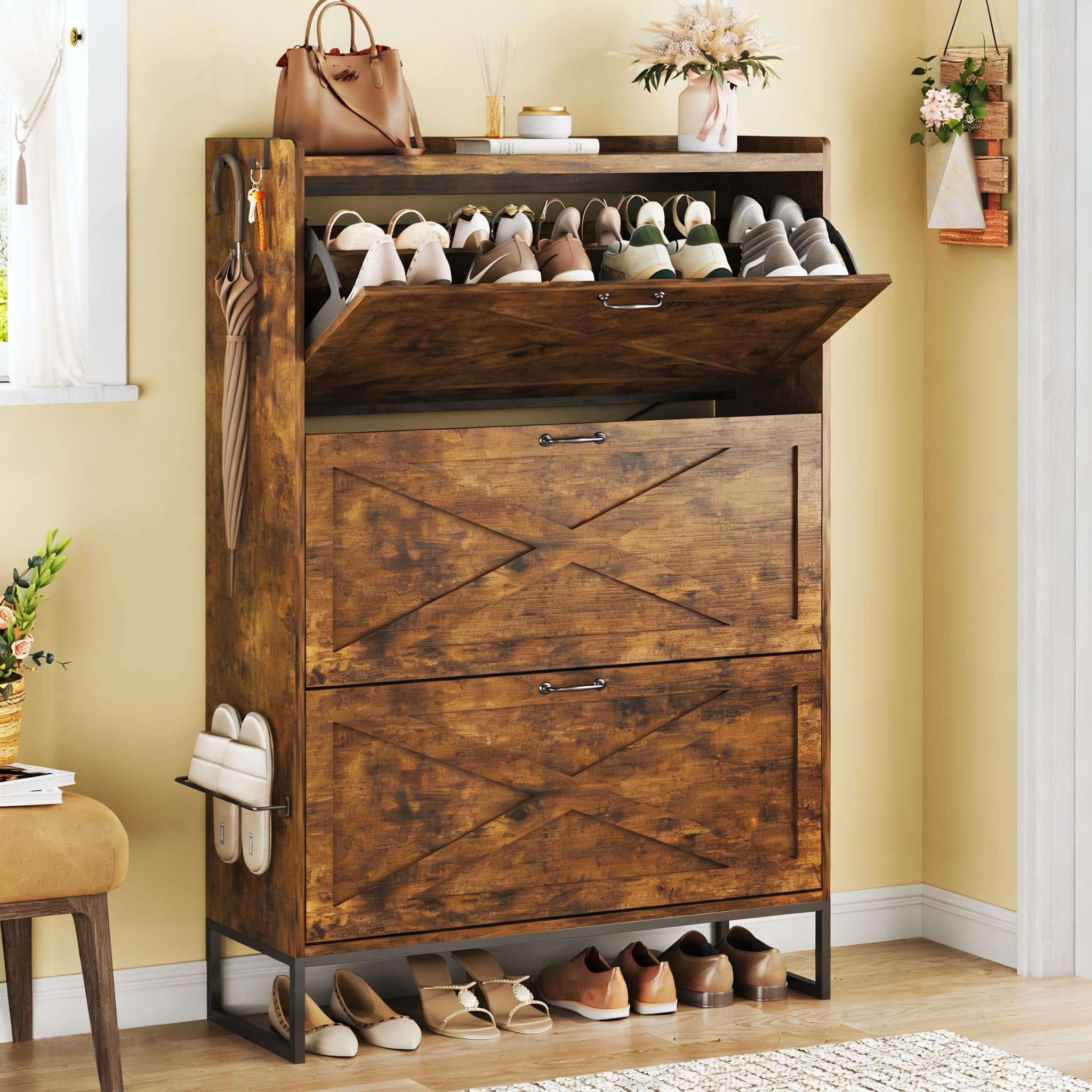 HUAHUU Shoe Cabinet with 3 Flip Drawers, Narrow Shoe Rack Cabinet, Freestanding Wood Shoe Cabinet, Farmhouse Shoe Storage Cabinets for Entryway,