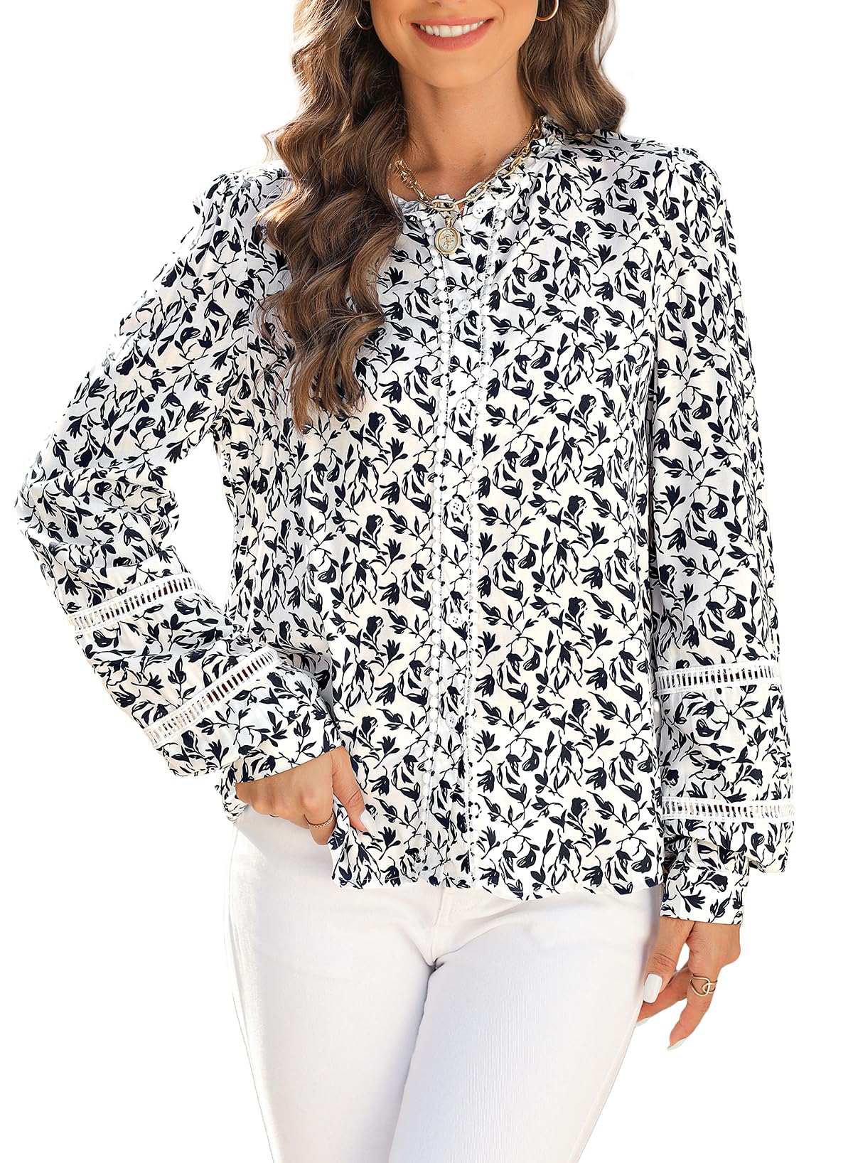 YIJIUWomen's Button Down Shirts Floral Print Mock Neck Eyelet Long Sleeve Casual Work Blouses Tops