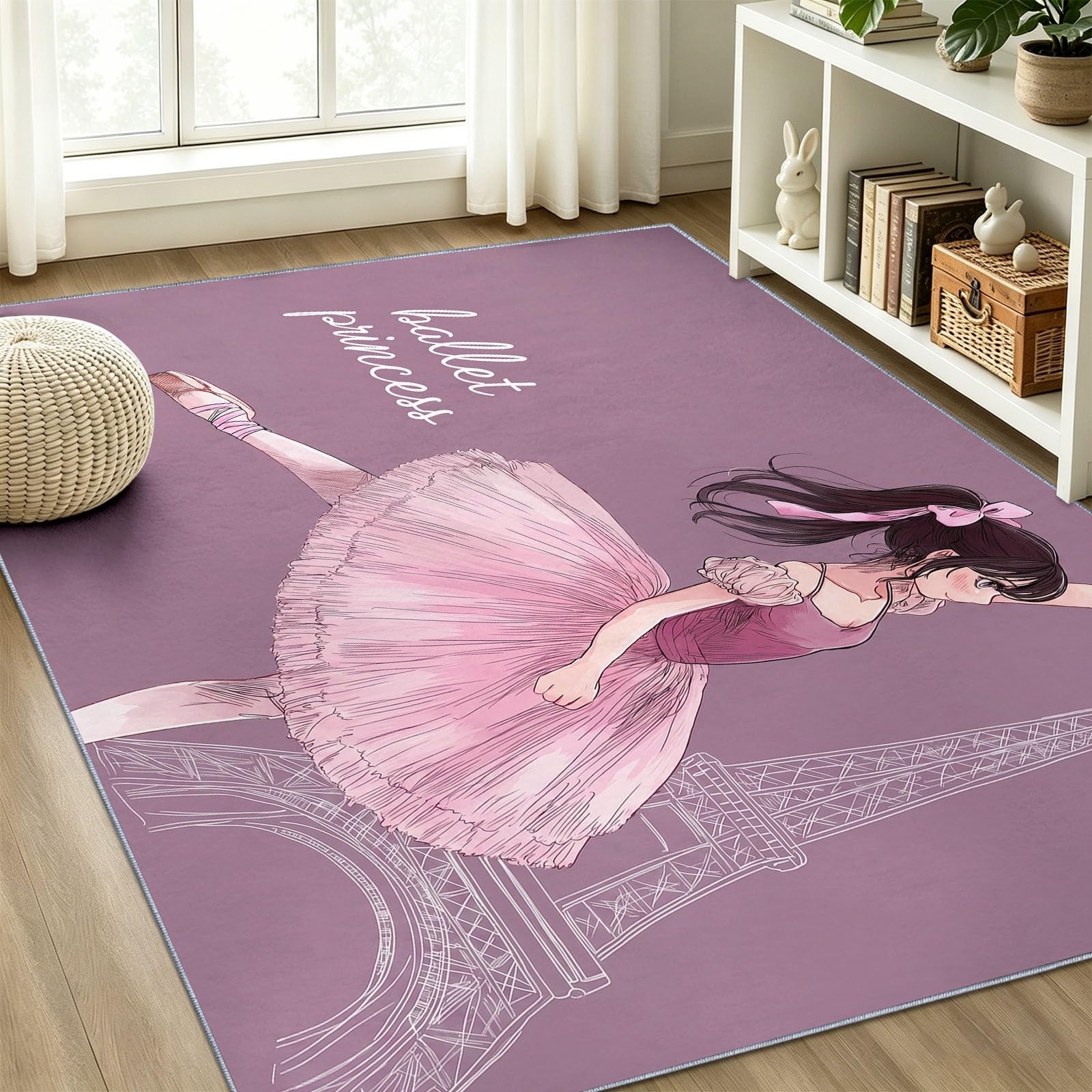 Tapis de Salon Lavable Violet 100x150cm à Motif de Ballet pour Chambre d'Enfant