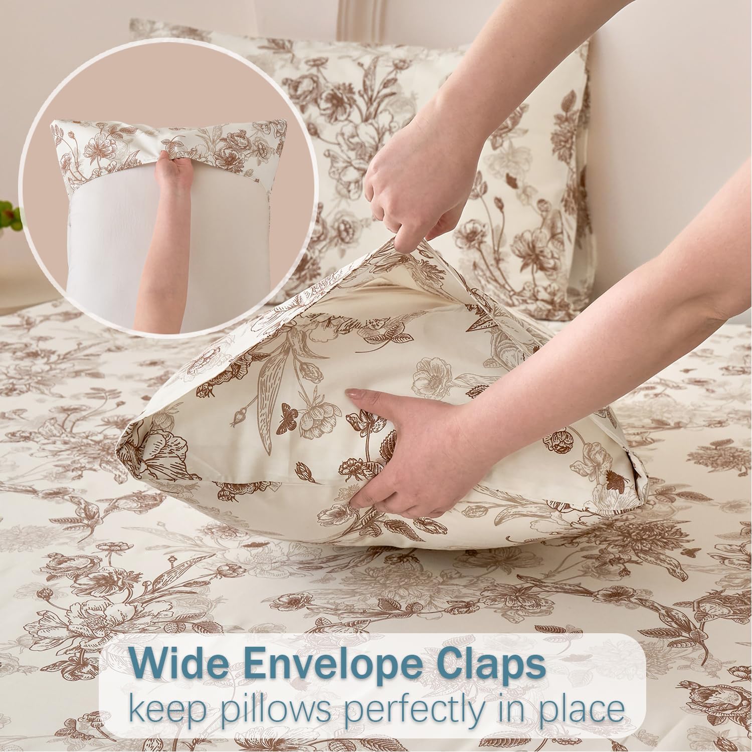 Brown Floral Bed Sheets Set 100% Cotton Percale Sheets King Size Vintage Toile Flower Printed Sheets, Soft & Breathable Khaki Luxury Bedding, Deep Pocket Fitted Sheet 17.5" 4 Pcs
