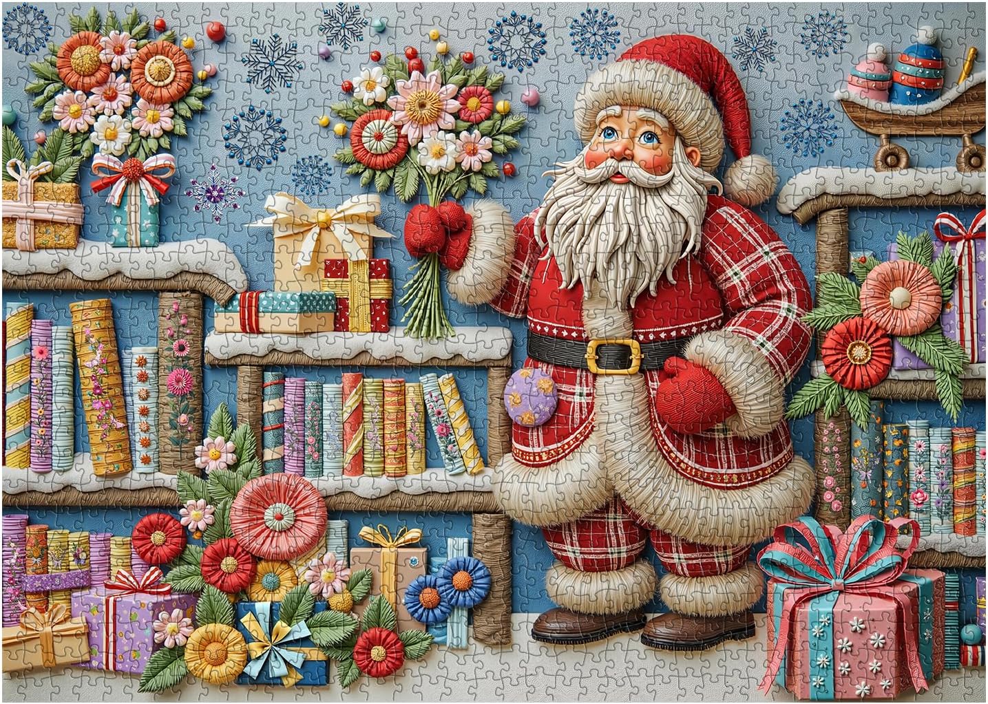 Christmas Puzzles for Adults 1000 Piece, Santa Claus Bookshelf Jigsaw Puzzle, Flower Book Puzzle as Funny Winter Holiday Xmas Decor