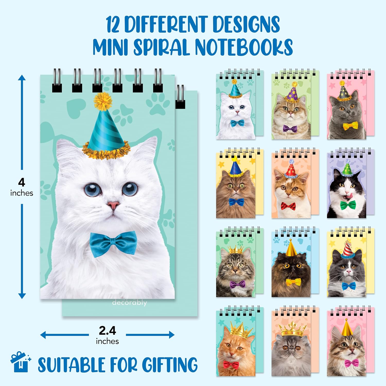 Decorably 24 Pack Spiral Cat Party Favors for Kids - 12 Kitty Designs 2.4x4in Mini Notepads, Spring-Bound with 20 Sheets - Gifts for Birthday, Baby Shower, Children's Party, School - Image 3