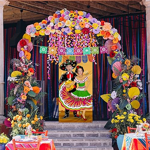 Miniatura 6 de Juego de carteles para puerta de fotos de fiesta para parejas 6 x 33 pies Cinco de Mayo Fiesta para parejas pancarta para puerta de fotos y banderín