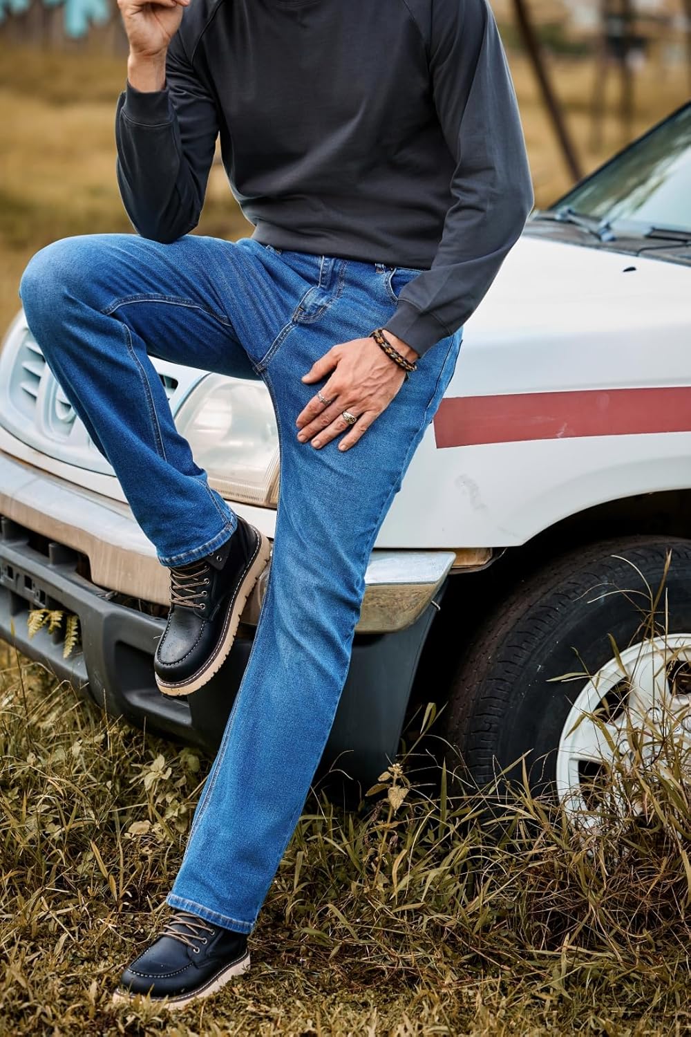 JMIERR Men's Stretch Jeans Boot Cut Western Retro Cowboy Straight Leg Denim Pants - Image 2