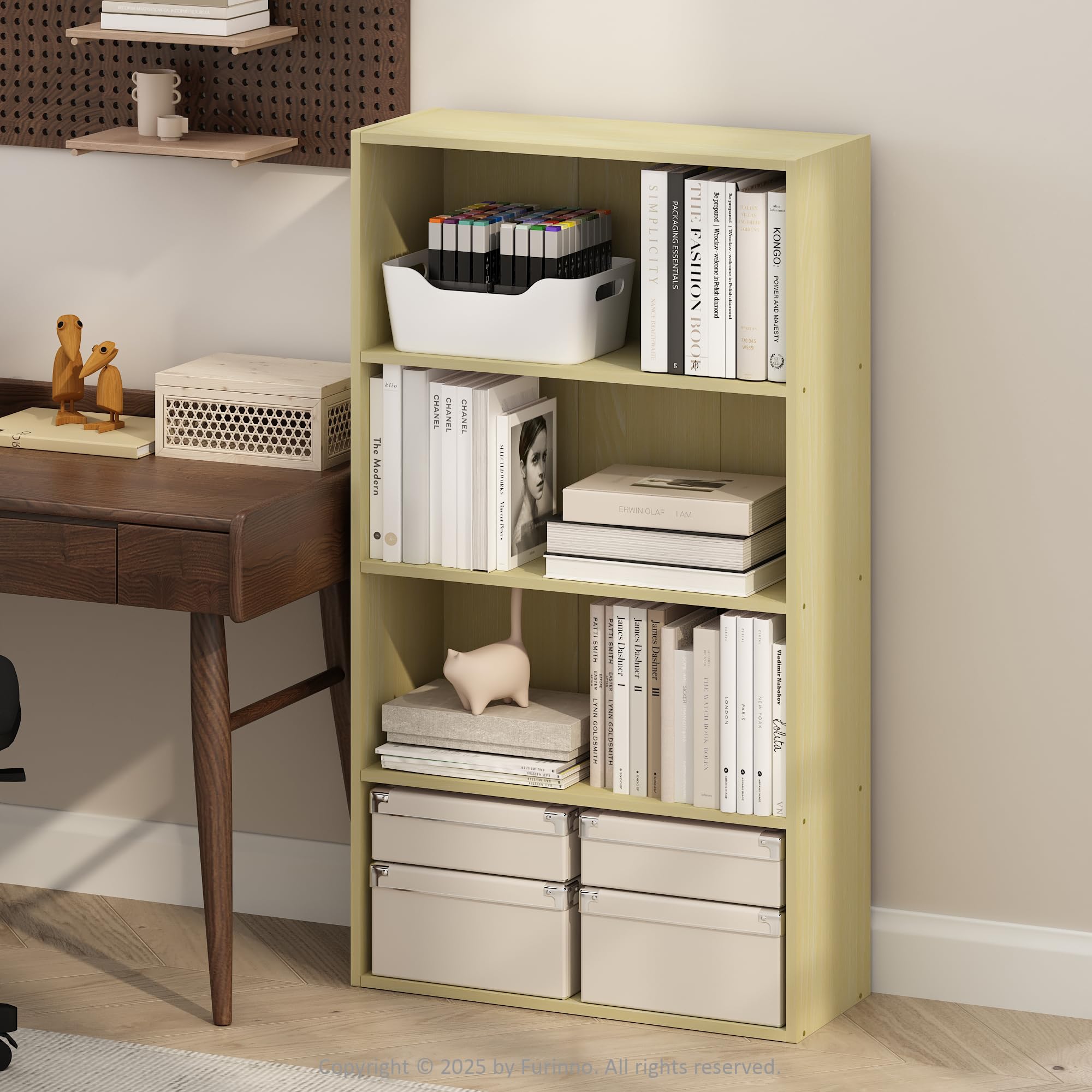 Furinno SIMPLE Book Shelf, 4-Tier Bookshelf, Bookcase with Open Shelf, 9.4 x 23.6 x 41.7, for Living Room, Bedroom, Home Office, Steam Beech