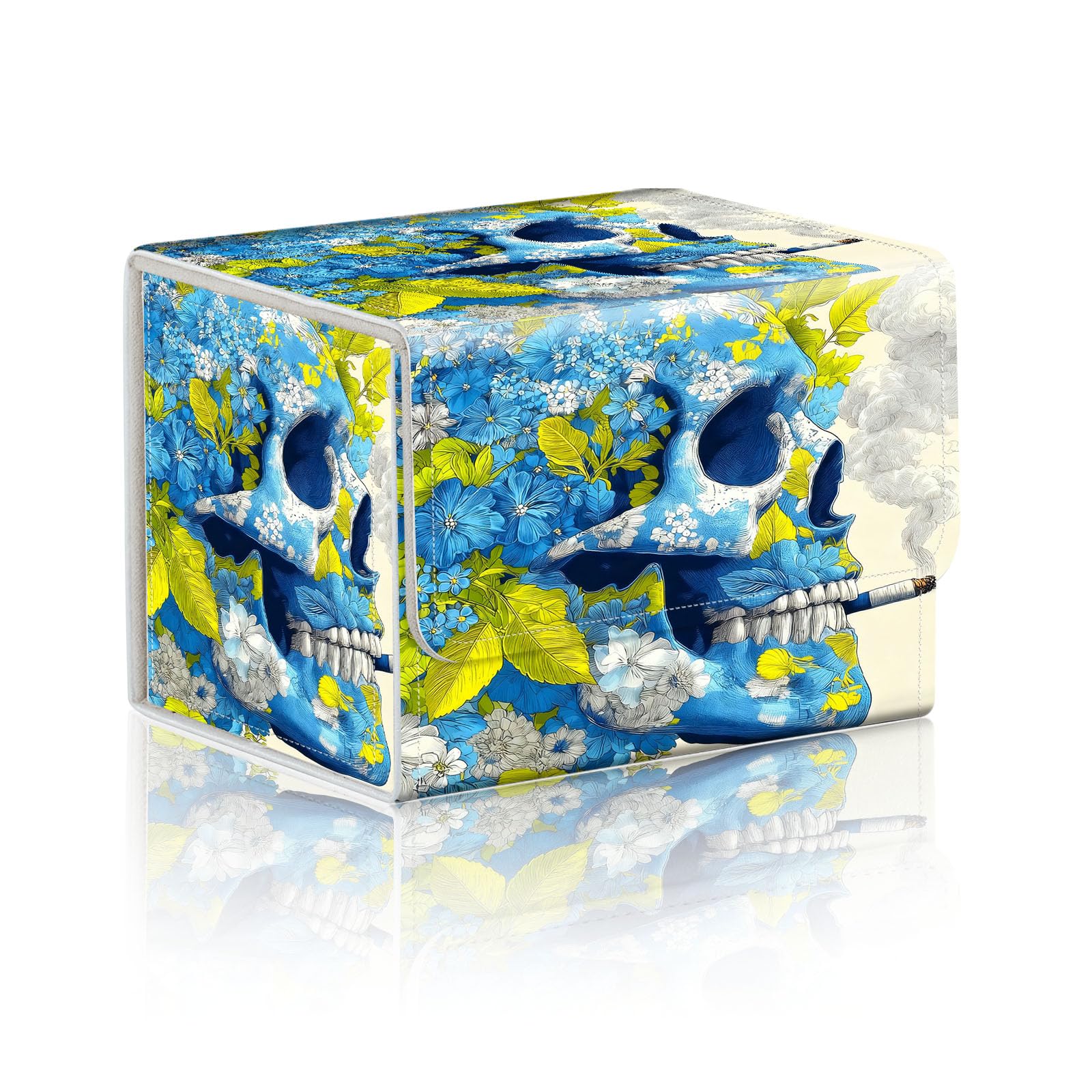 DISUOFEART Trading Card Storage Box, Holds 100+ for MTG Cards, Premium PU Leather with Magnetic Closure, Floral Skull Smoking A Cigarette Durable Deck Box for Magic the Gathering, Trading Card Games