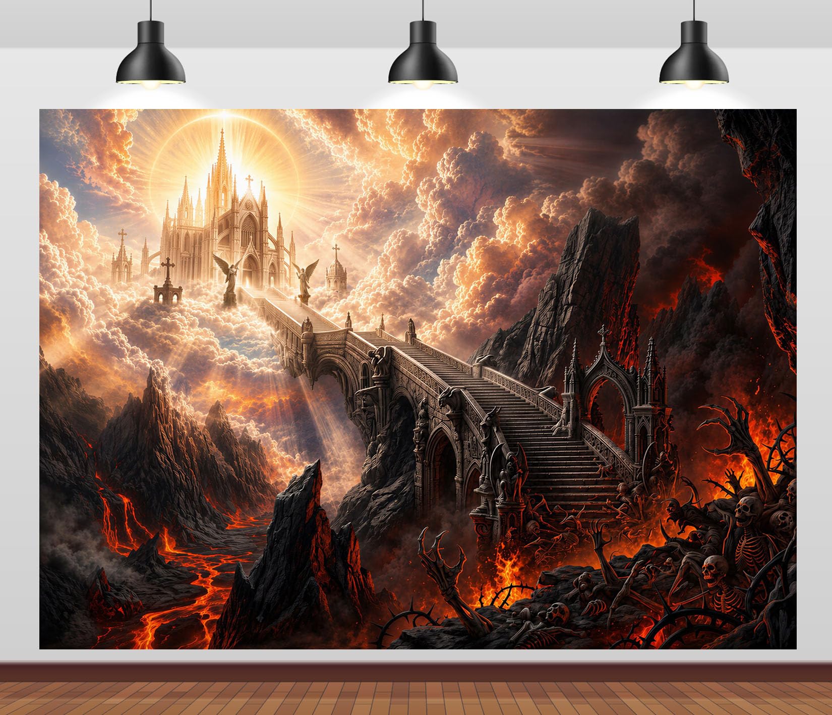 12x10FT (3.6x3m) Castello Infernale In Fiamme Sfondo Fotografico | Cittadella Di Lava Fondale In Tessuto,Ponte Ardente Teschi E Nuvole Tempestose,Feste Halloween,Personalizzabile,Photo Booth