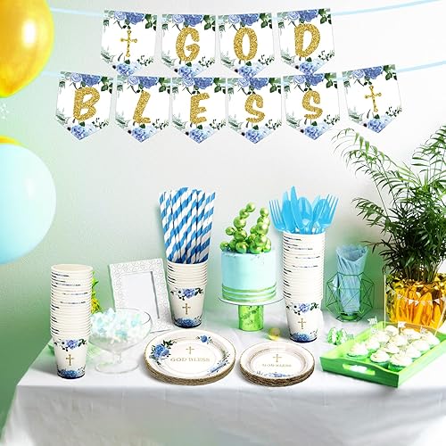 Miniatura 4 de Zubebe 193 platos de bautismo y servilletas, suministros de fiesta, decoraciones para la primera comunión, incluyen platos de papel desechables de