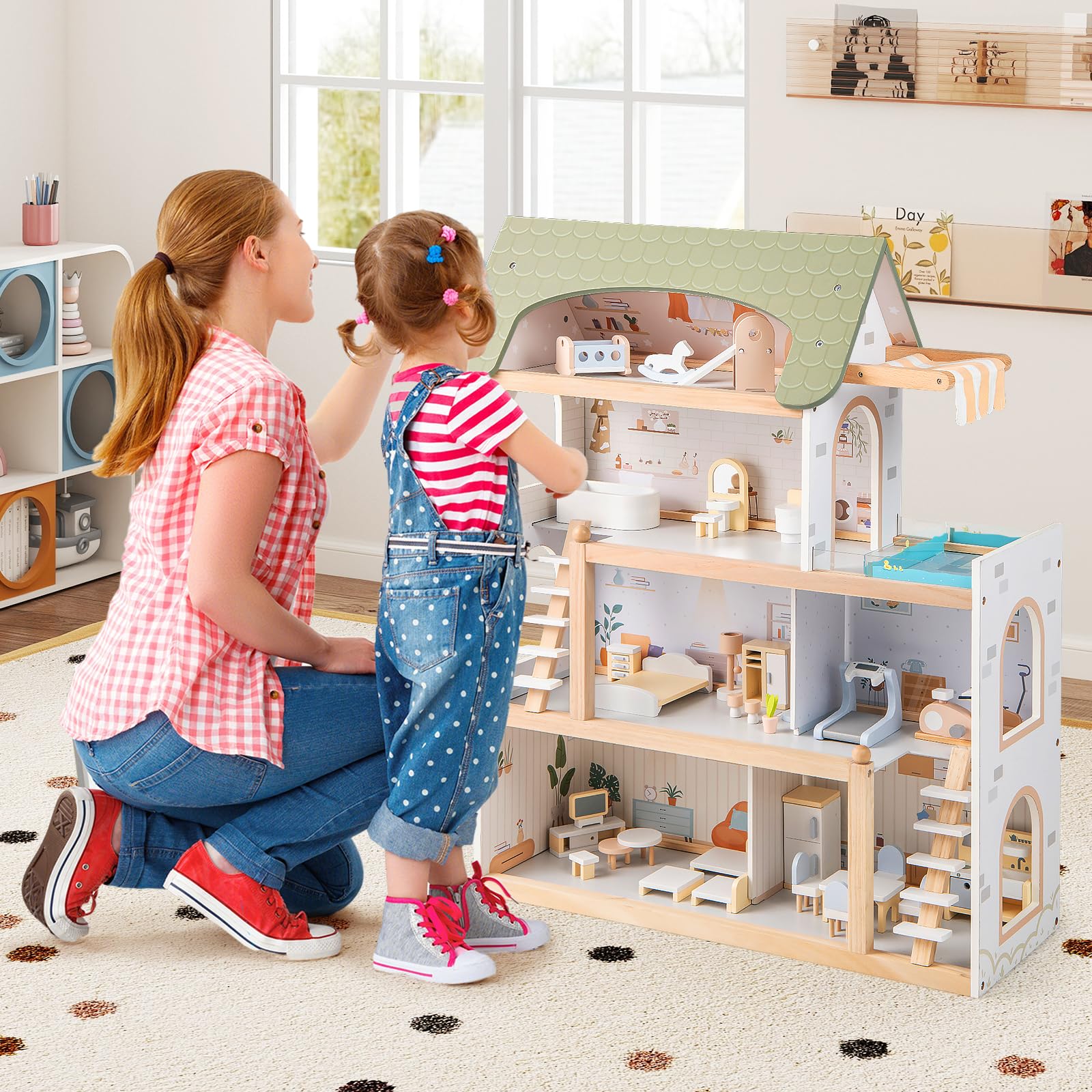 COSTWAY Puppenhaus Holz, Kinder Dollhouse mit 33 Möbelstücken, Puppenstube mit Balkon & Pool, Puppenvilla Traumvilla für Mädchen & Jungen ab 2 Jahren (Grün)