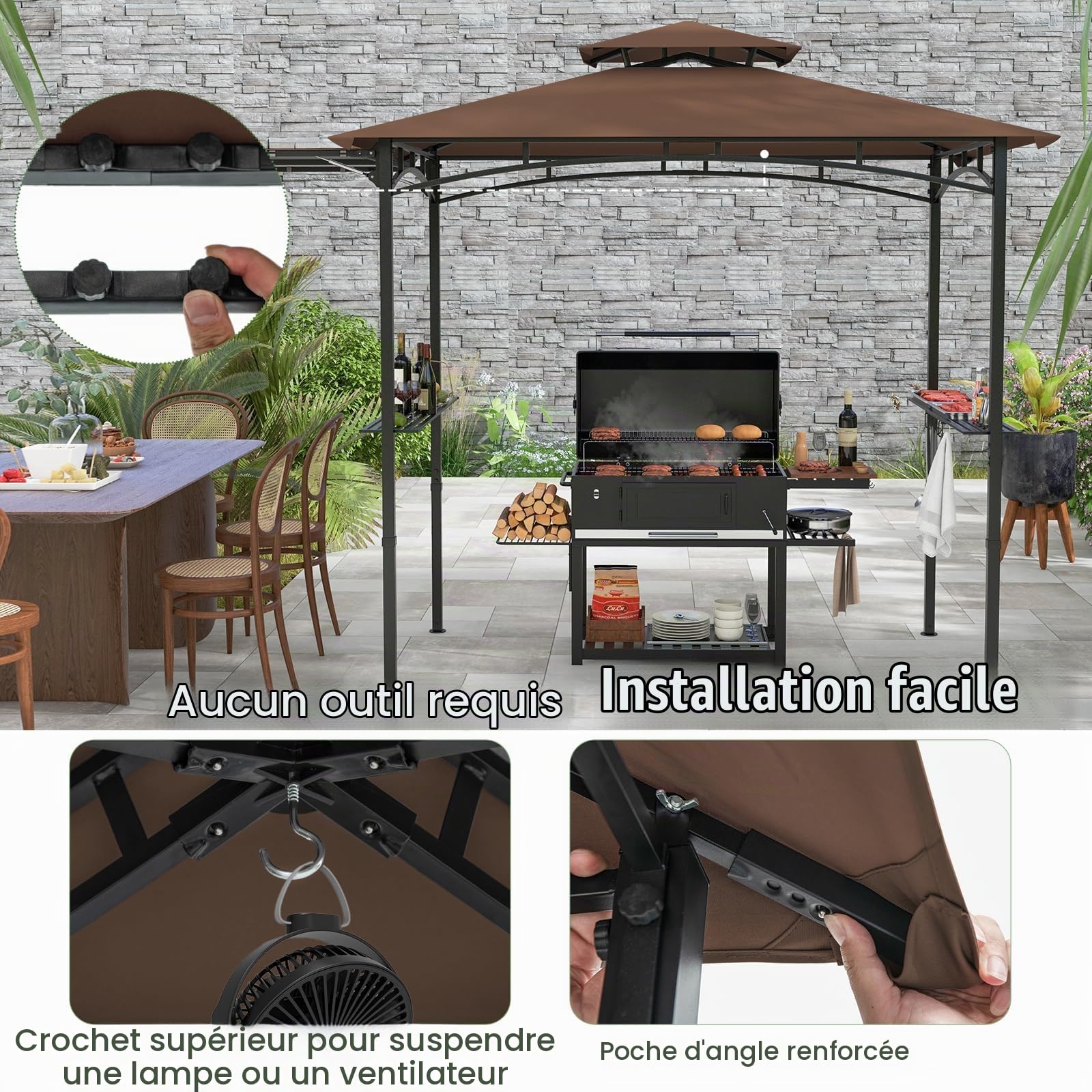 HOMASIS 3 m Tonnelle de Jardin Pliante Extérieur avec Auvent Latéral, Gazebo Barbecue avec Double Toit, 2 Tables, Crochets et Ouvre-Bouteilles, Pergola de Réception Résistant aux Intempéries (Brun)