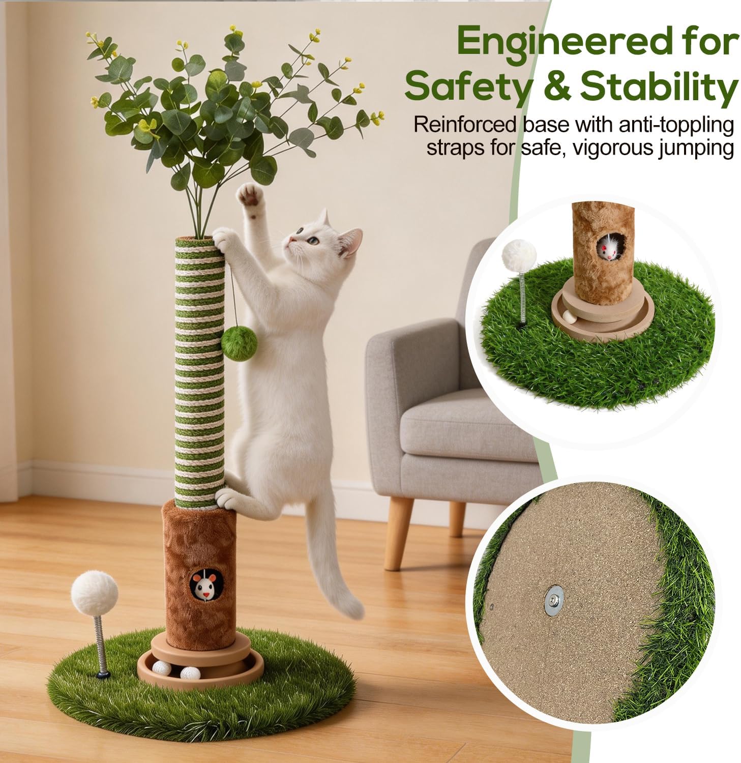 40'' Tall Cat Scratching Post Indoor for Large Cats, 3.5" Thick Natural Sisal Rope Cat Scratcher, Sturdy Indoor Cat Scratching Posts with Interactive Play Balls for Adult Cats Kittens
