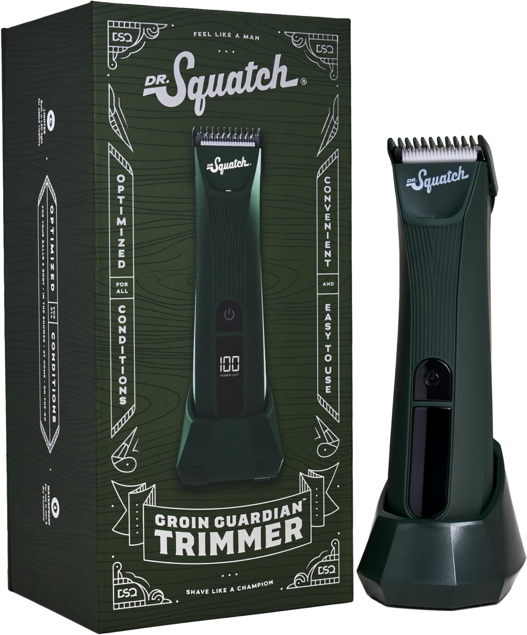 Dr. SquatchGroin Guardian Electric Trimmer With Squatch-Shield Technology for Groin & Body Hair, Cordless With Built-in LED Light, Green