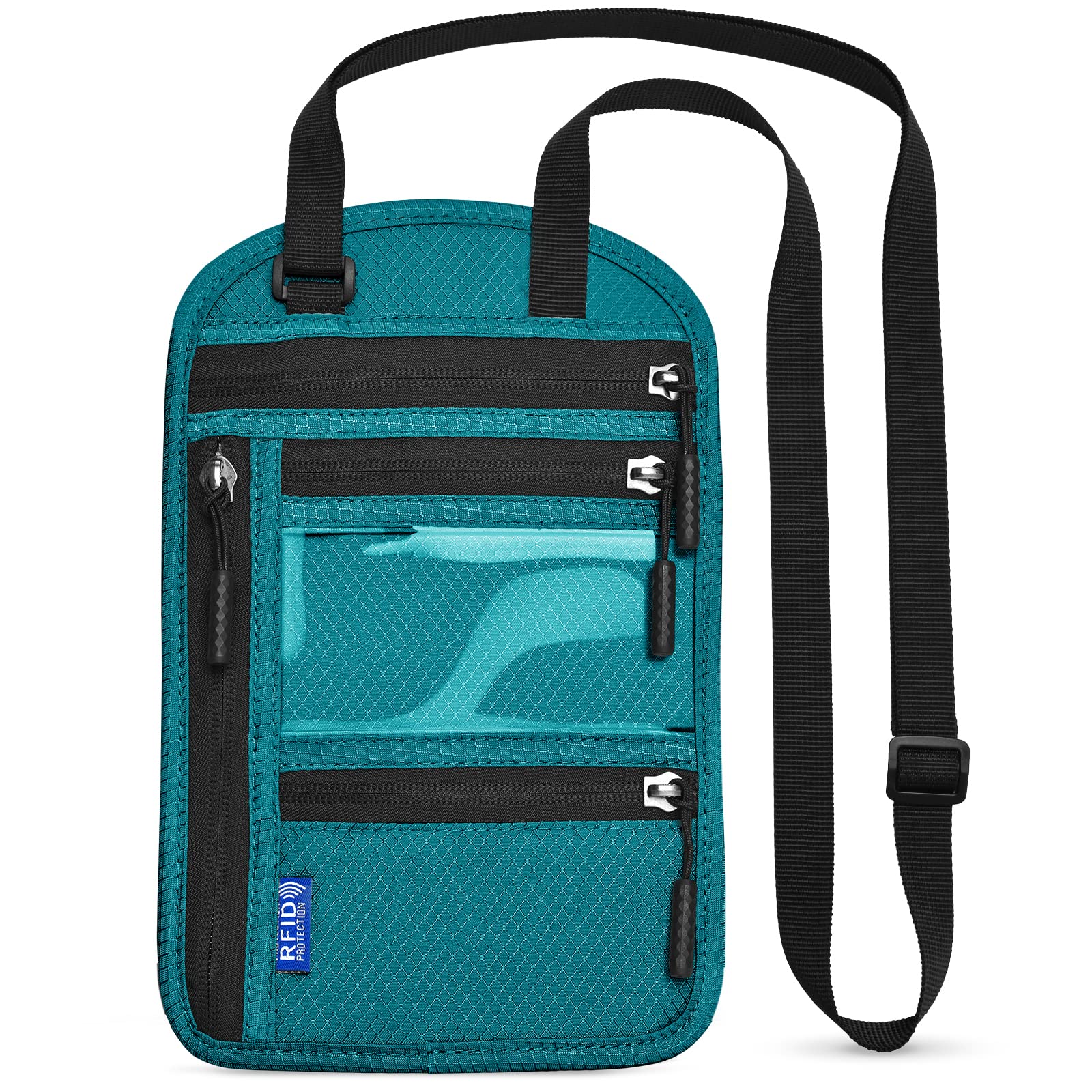 Pochette Tour de Cou Voyage Bloqueur RFID Sac de Passeport pour Femme Homme Imperméable Porte-Passeport avec Bandoulière Réglable Portefeuille pour Argent Cartes Clés Éléphone Documents, Bleu