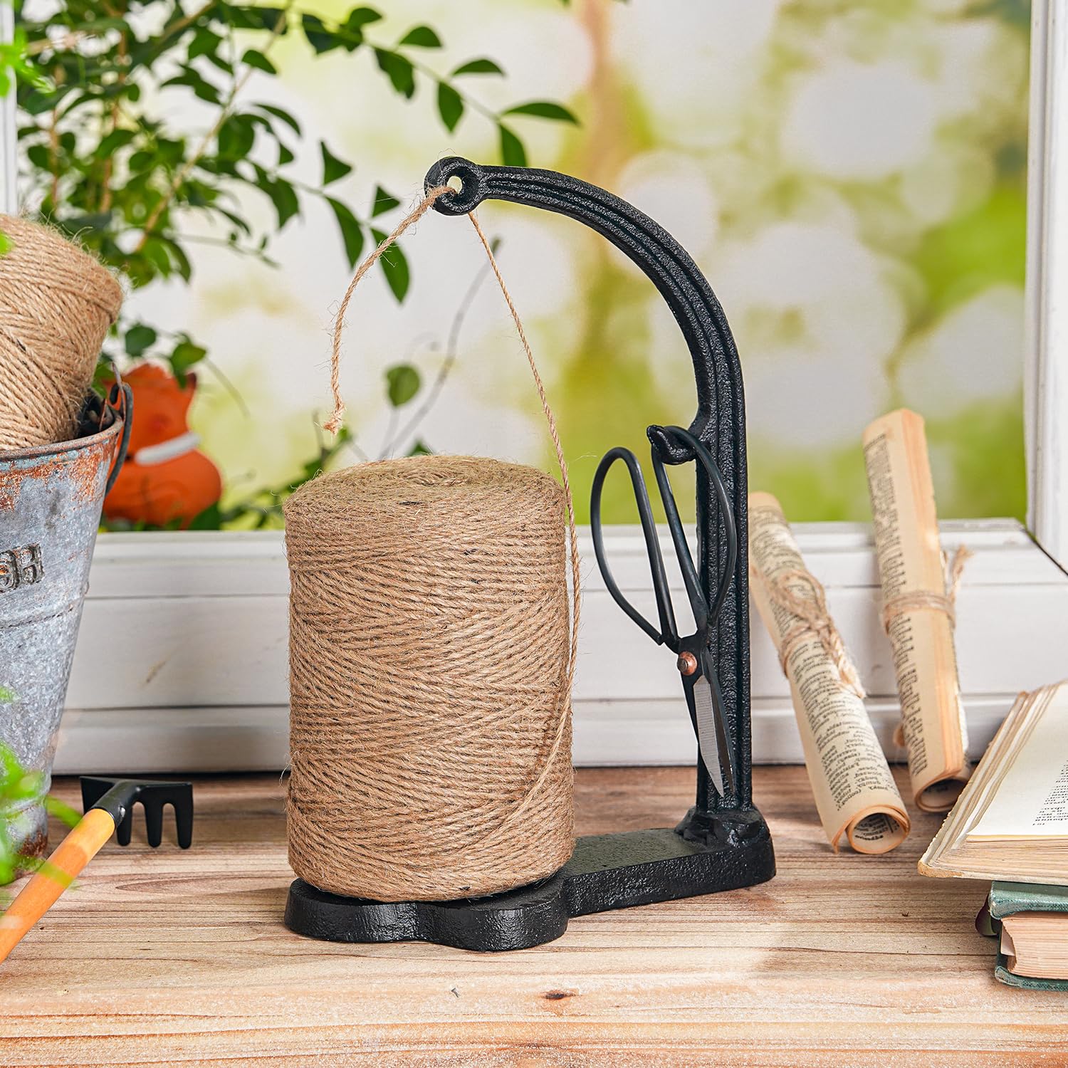 Sungmor Gusseisenhalter für den Garten, 300 m Natürliche Juteschnur & Seil Rack & Schere – dekorative & praktische Heimkunst Handwerkzeuge