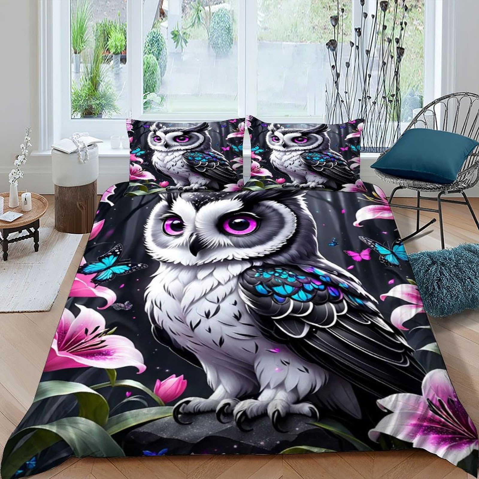 Flower Owl Bedding Set Theme Bedspread Animal Themes Wildlife Duvet Cover Set Microfiber Comforter Cover Universal for All Seasons with Pillowcase King（220x240cm）