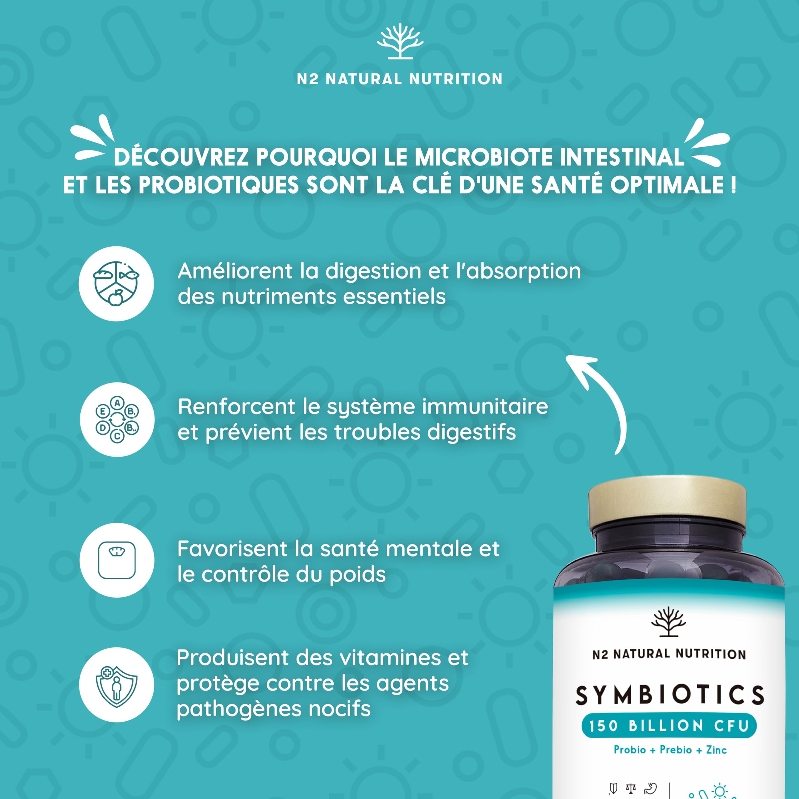 Probiotique Flore Intestinale 150 Milliards UFC, 20 Souches de Bactéries + Zinc + Inuline. Probiotiques pour la Régénération Digestive et Microbiote. 90 gélules, Végétalien. N2 Natural Nutrition