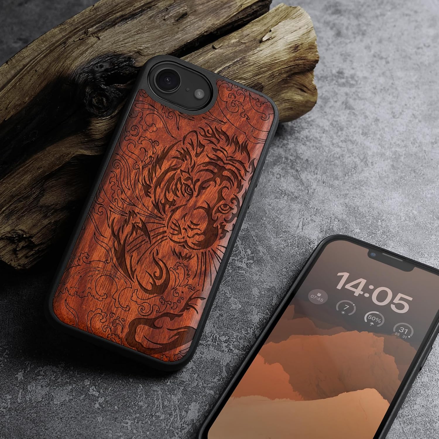 Carveit Magnetic Wooden Case for iPhone 16e / 17e, Solid Wood & Black TPU, Artisan Engraved Design, Shockproof Cover, Compatible with MagSafe Wireless Chargers, Tiger Waves - Rosy