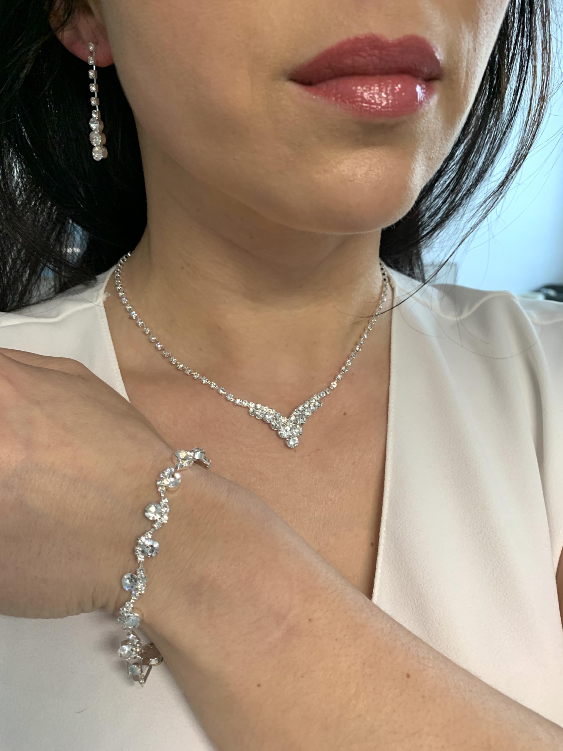 3er Set V Schmuck Damen – Silber Strass Collier Halskette mit Ohrringen & Armband – Verstellbare Kette 38–48 cm, elegantes Schmuckset für Hochzeit, Abiball, Kommunion & festliche Anlässe