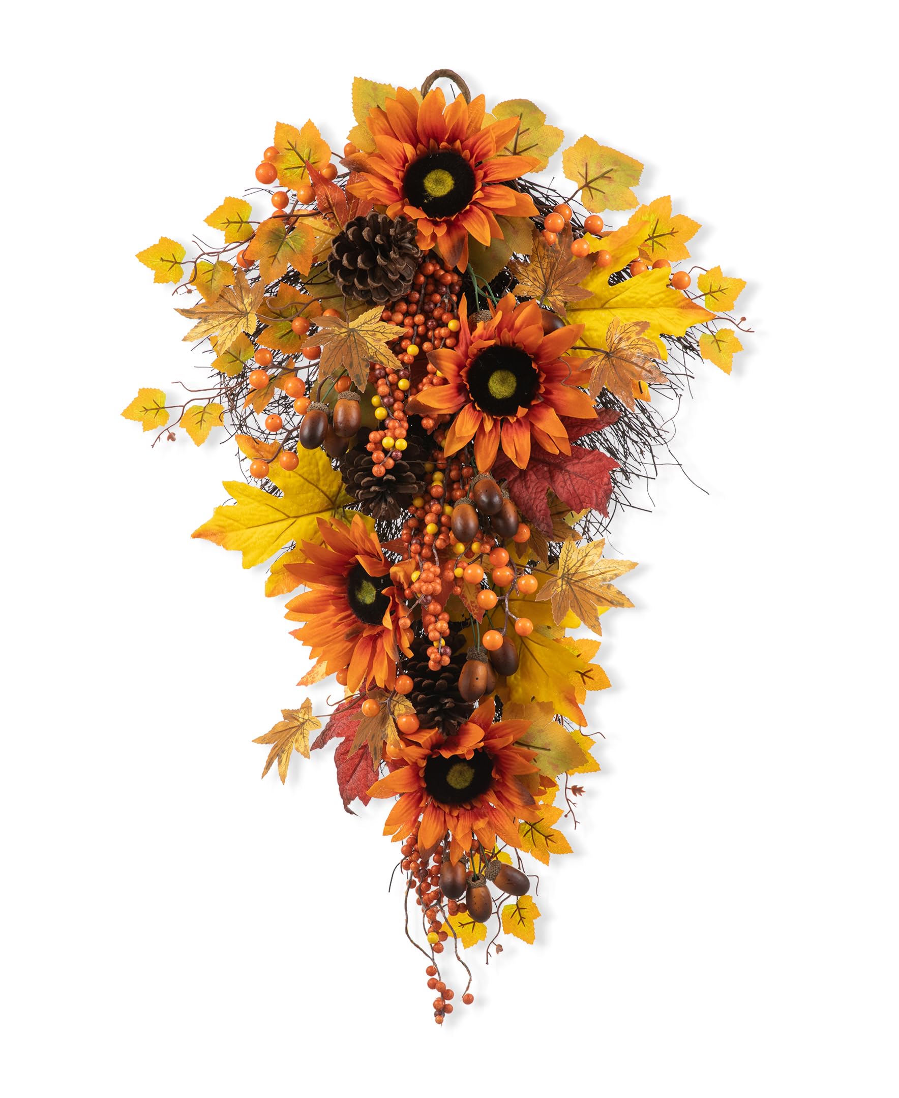 Glitzhome Guirlande décorative de 68,6 cm en forme de larme, récolte d'automne à suspendre au mur, guirlande florale d'automne avec tournesol, feuille d'érable et baies pour décoration de porte