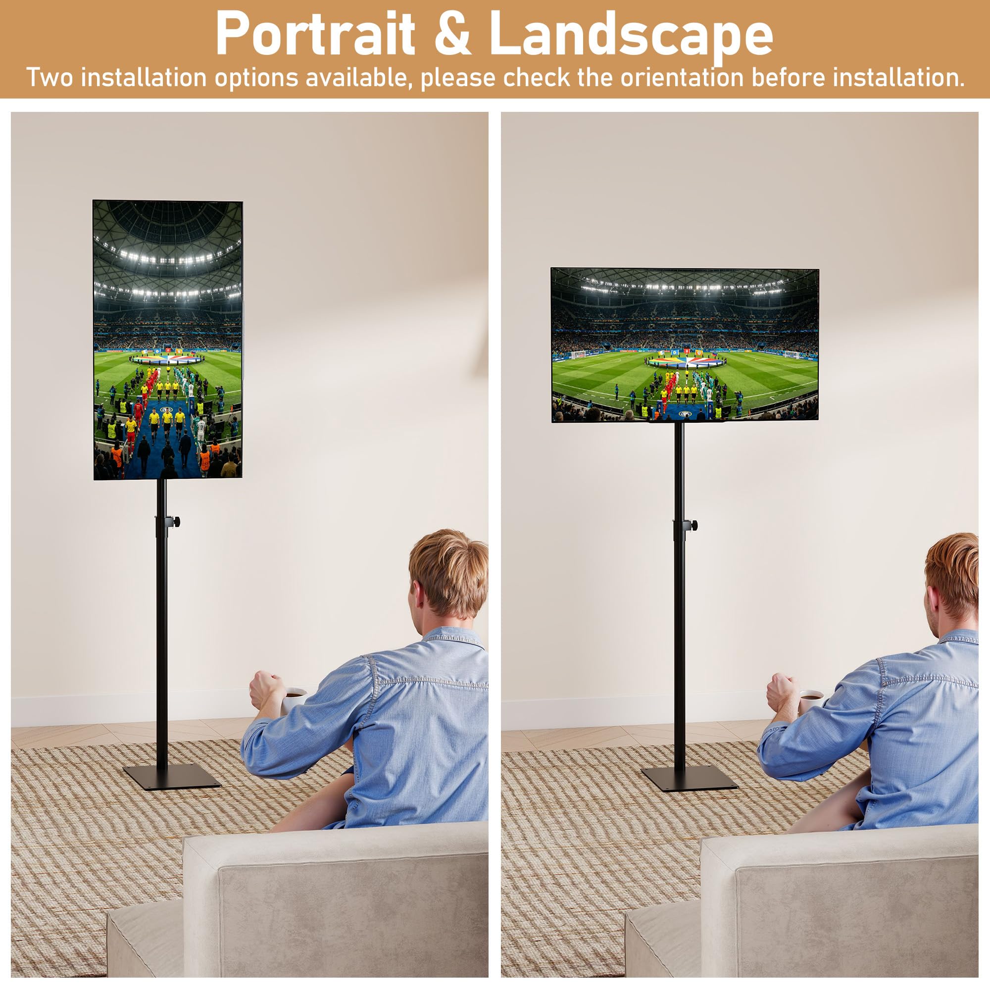 Baoz Supporto universale girevole per TV da pavimento con supporto a 360 gradi per TV da 14 a 43 pollici, inclinabile, autoportante, supporto VESA con 4 livelli di altezza regolabile per camera da