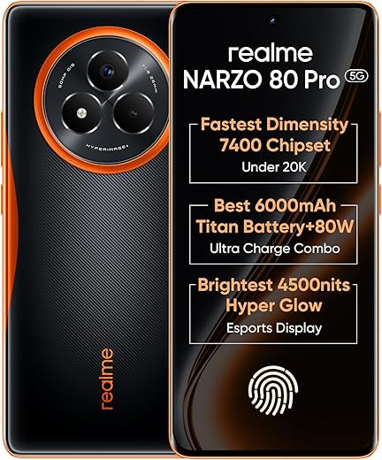 realme NARZO 80 Pro 5G (Nitro Orange,12GB+256GB) | Segment’s 1st MediaTek Dimensity 7400 Chipset | 6000mAh Titan Battery + 80W Ultra Charge |…