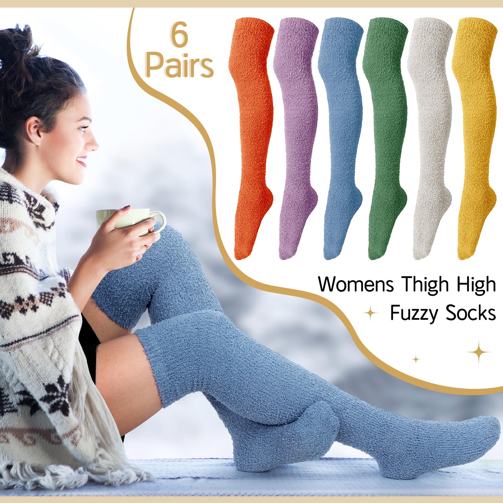 Liitrsh 6 pares de calcetines mullidos hasta la rodilla para mujer, suaves, largos hasta el muslo, cálidos, acogedores, calcetines de felpa