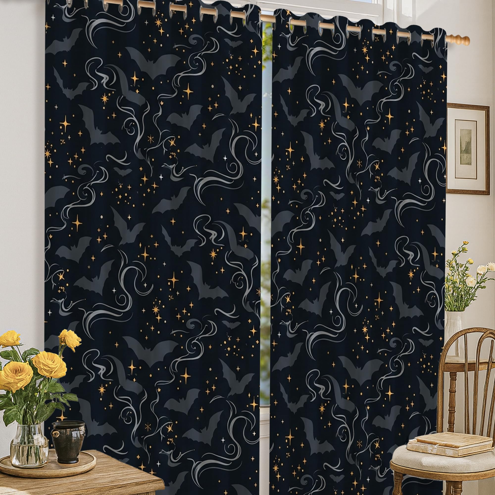 Rideaux occultants noirs motif chauve-souris et étoiles pour chambre salon 132x160 cm