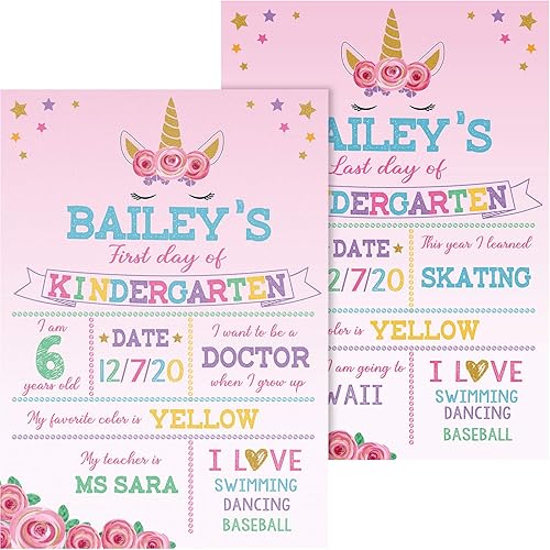 Miniatura 8 de Pizarra para tiza con diseño de unicornio con texto en inglés First Day of School. Pizarra para compartir fotos del primer y último día de clases.