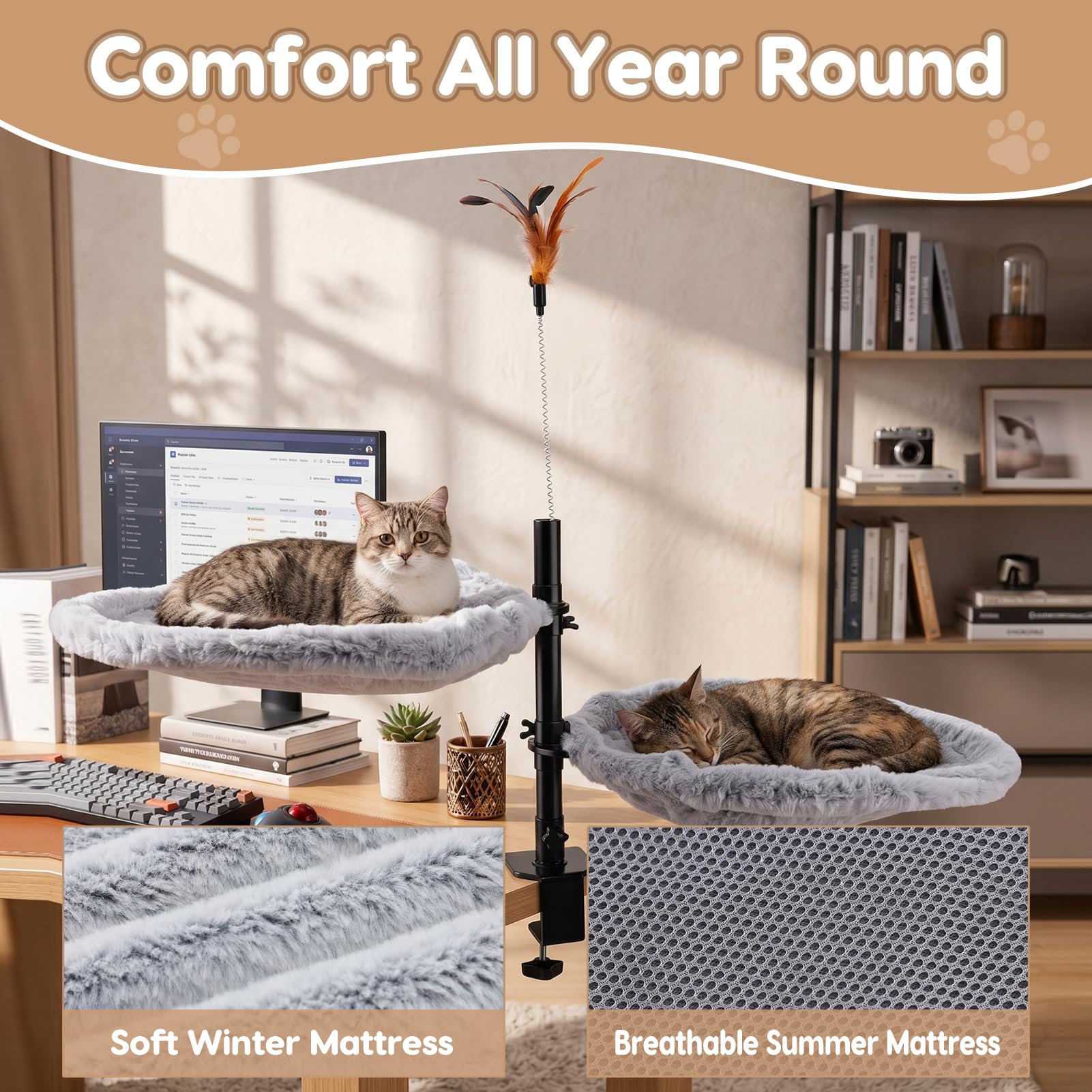 Gugxiom Doppel-Katzen-Schreibtischbett, 360° drehbar und höhenverstellbar, 4 Stück, 39,9 cm, Sommer/Winter, Katzenmatten, für Zuhause, Büro, Katzen, kleine Haustiere, unterstützt bis zu 20 kg